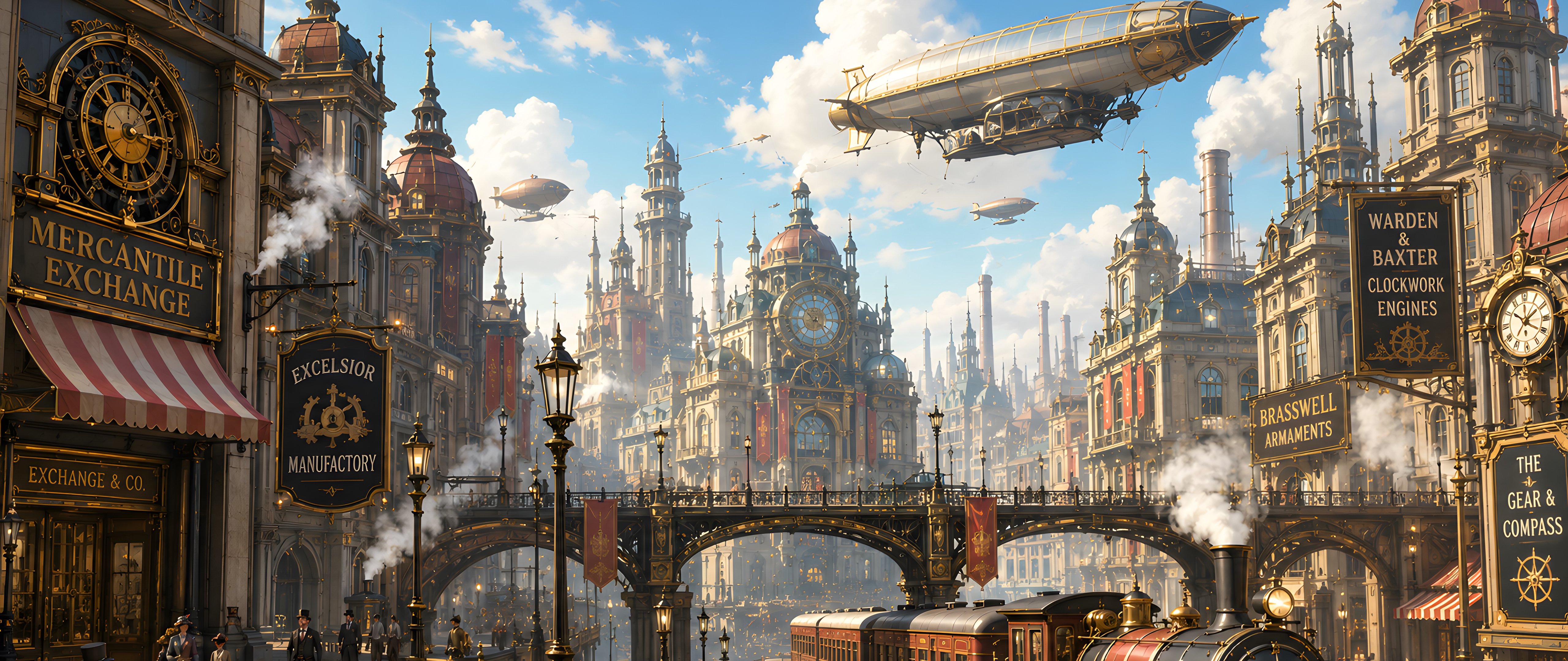 Steampunk city with steam locomotive and airship - 5K2K UltraWide 21:9 wallpapers in 5120x2160 resolution