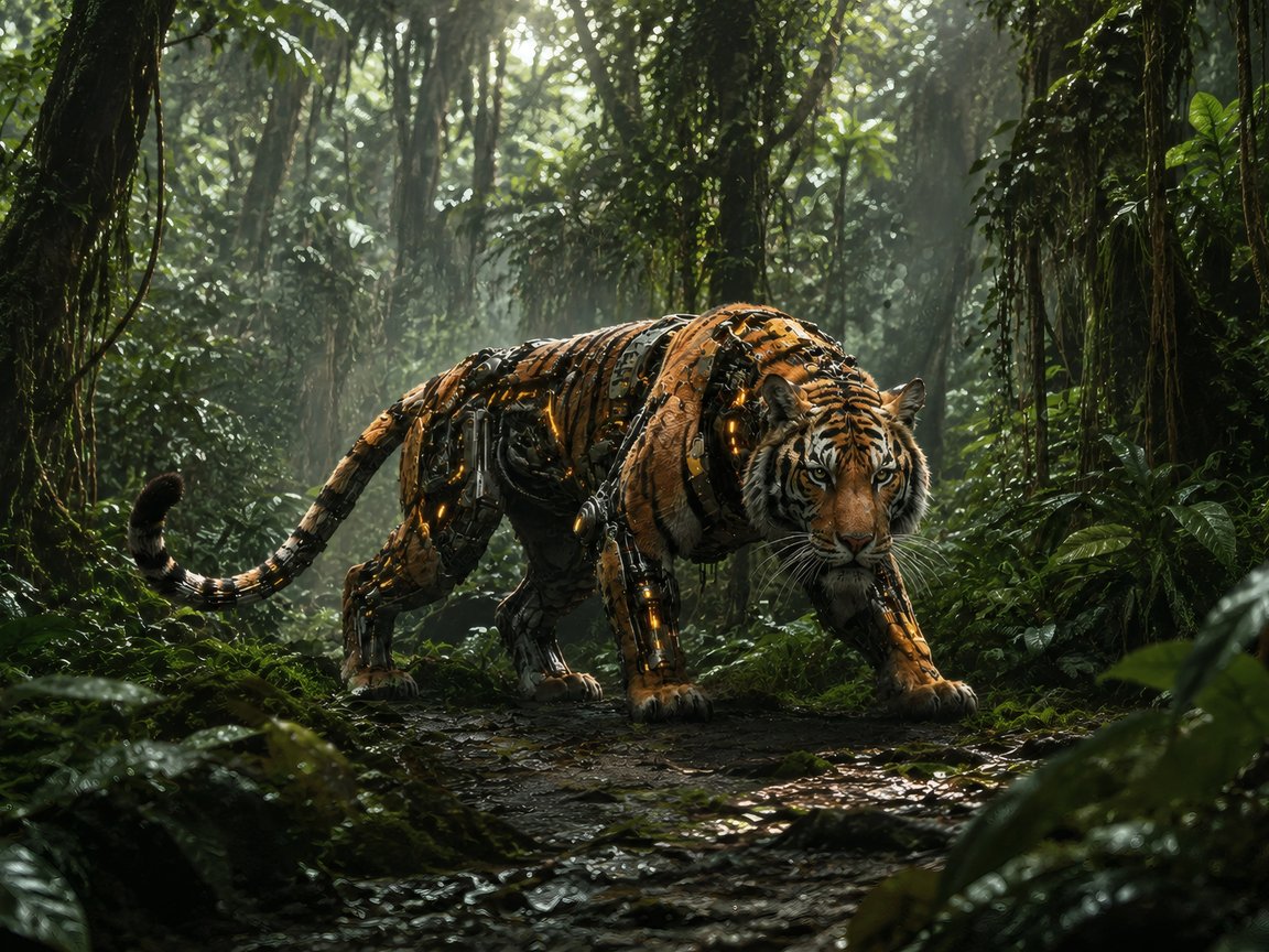 Cyborg Tiger Hunting in the Jungle - XGA+ wallpapers in 1152x864 resolution