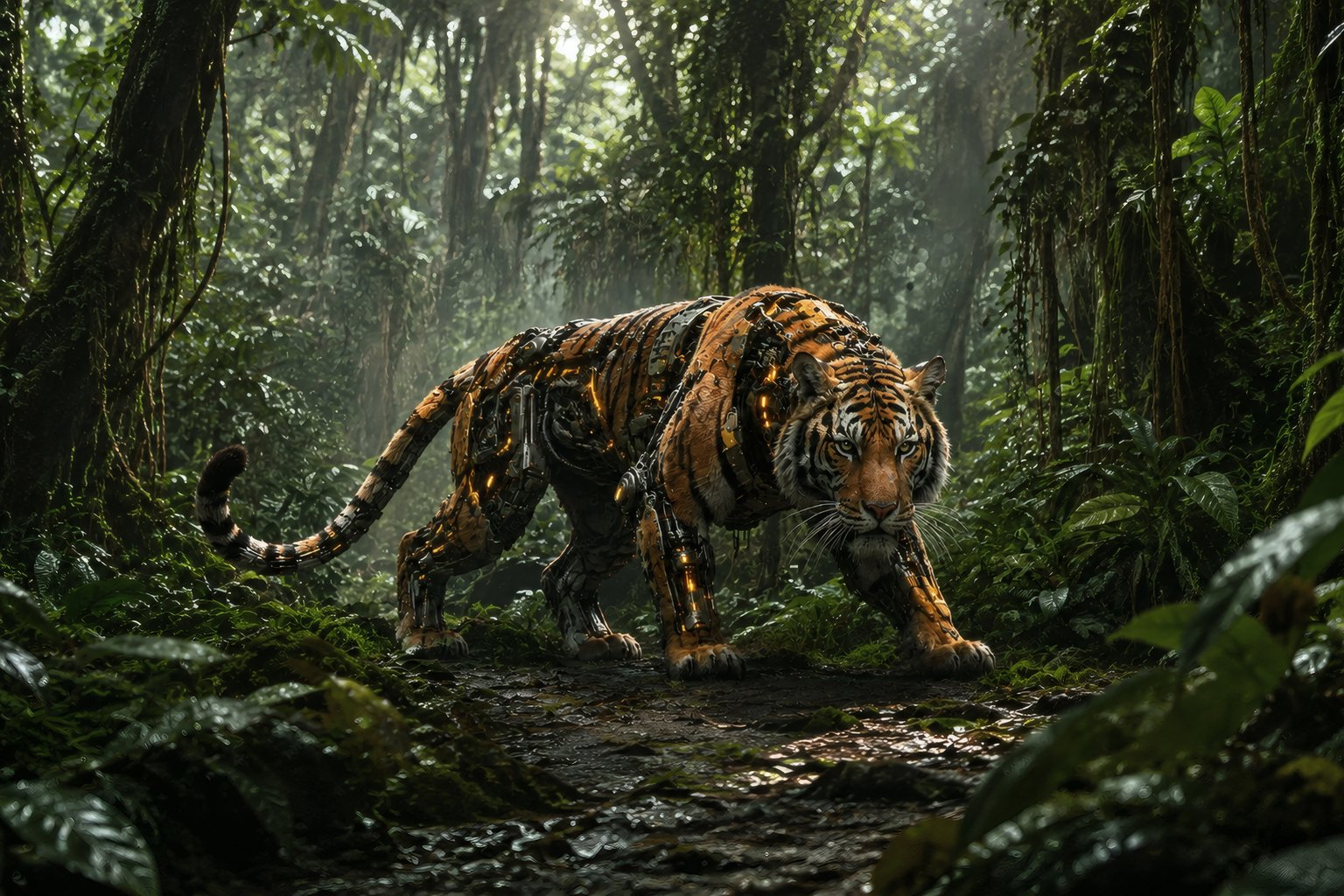 Cyborg Tiger Hunting in the Jungle - Microsoft Surface 12.4″ wallpapers in 1536x1024 resolution
