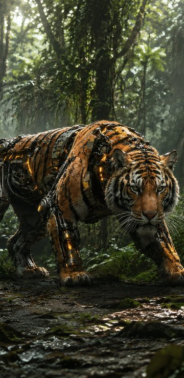 Cyborg Tiger Hunting in the Jungle - Wallpapers for Samsung in 360x740 resolution