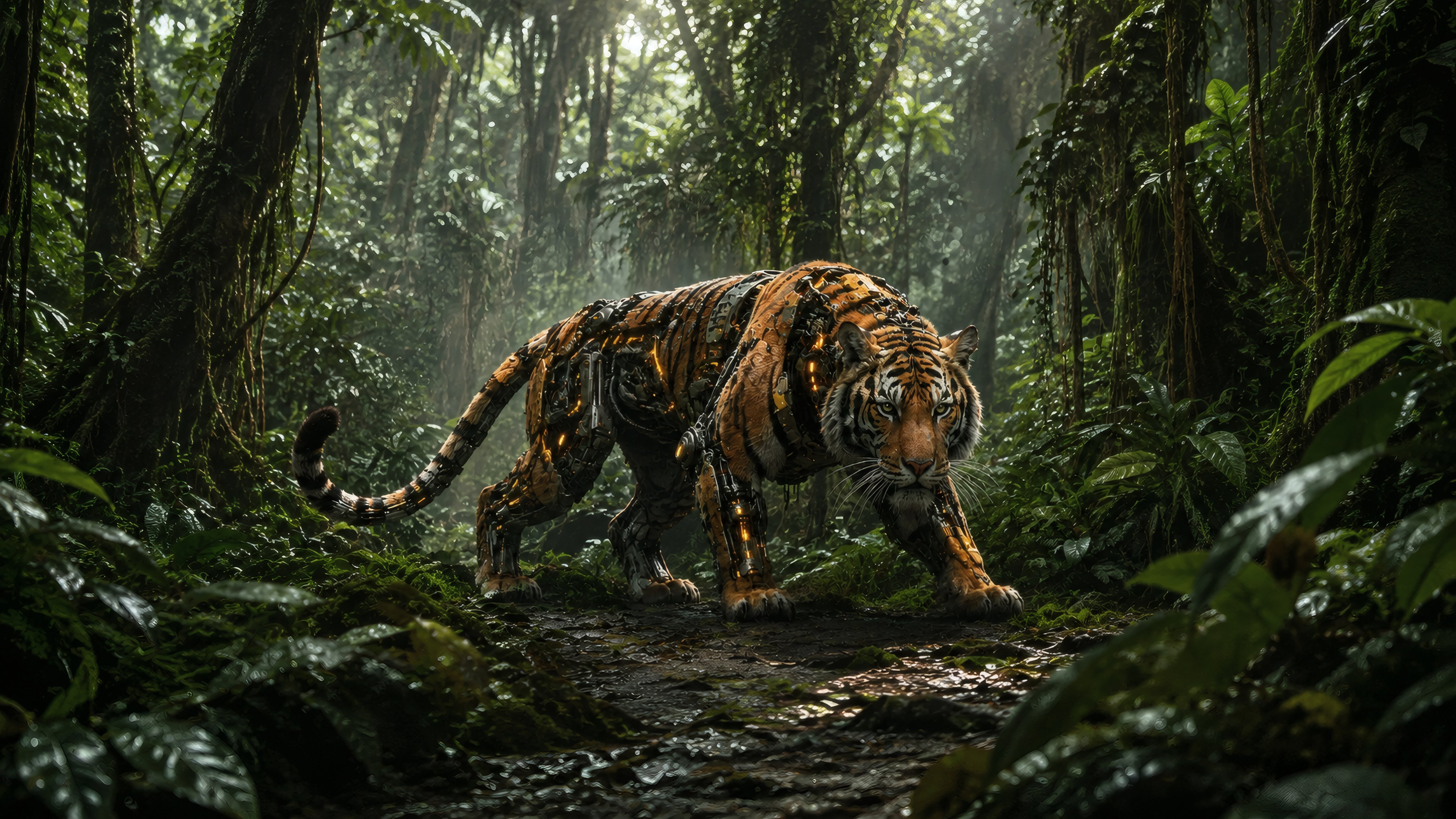 Cyborg Tiger Hunting in the Jungle - Wallpapers for Apple iMac 24″ in 4480x2520 resolution