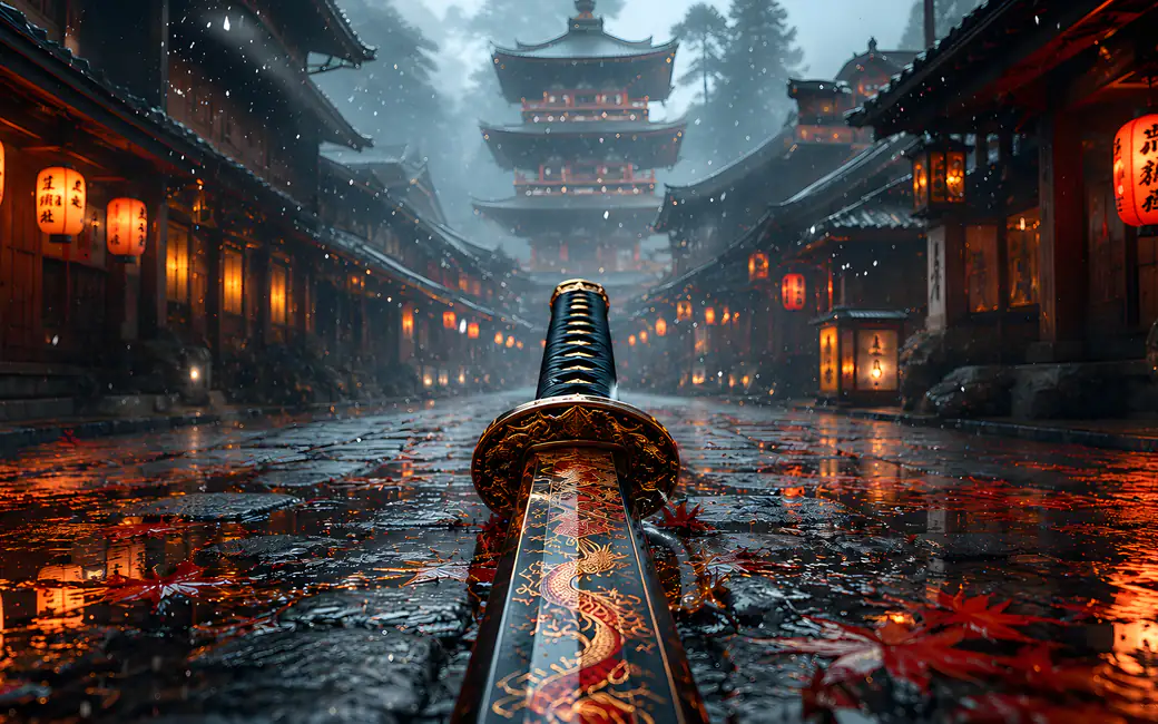 Katana on a Wet Japanese Village Street — desktop and phone wallpaper, free download