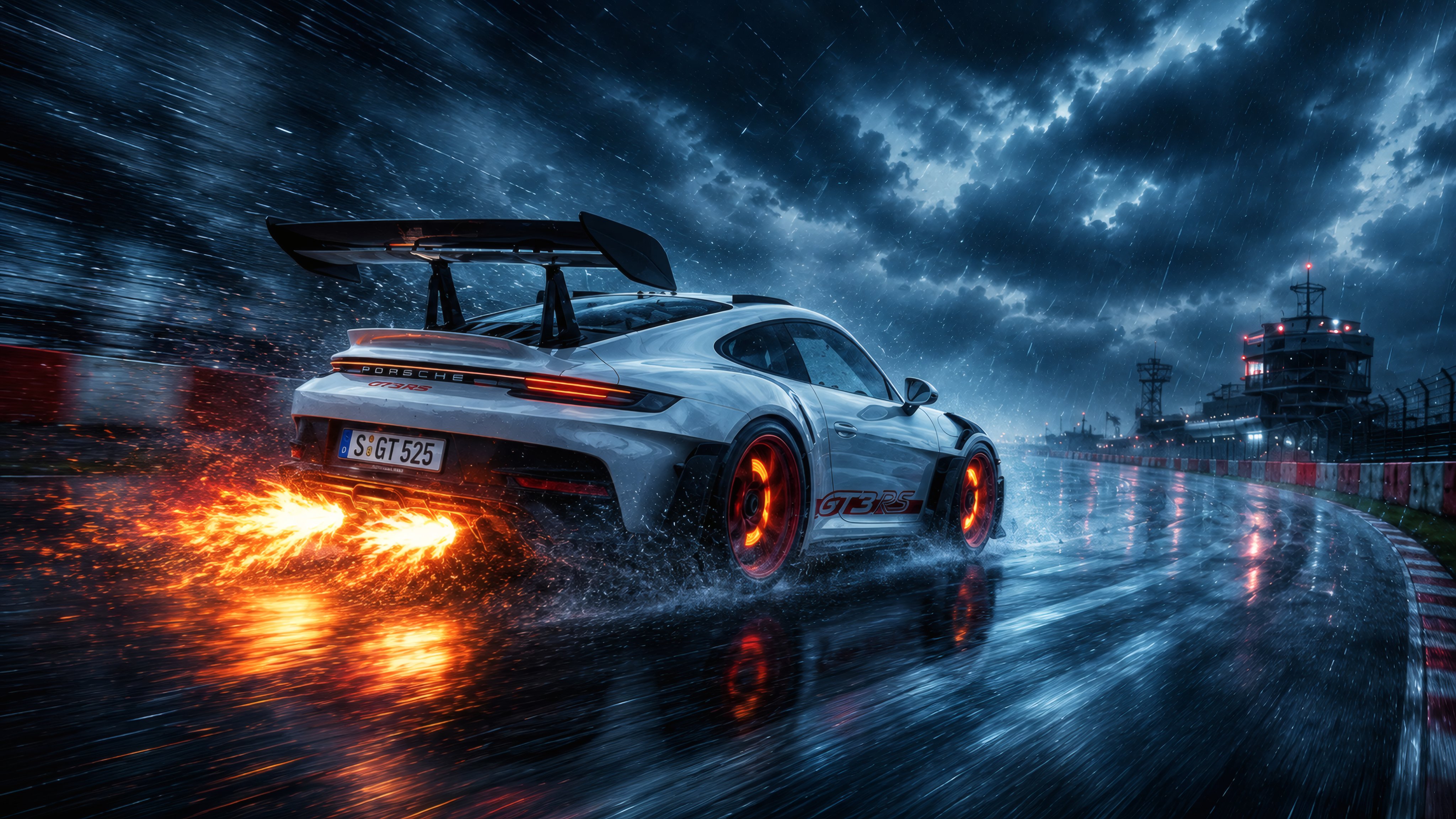 Porsche 911 GT3 RS на гоночном треке в ливень - Обои для Apple iMac 21.5″ в разрешении 4096x2304