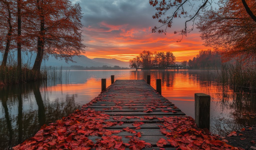 Autumn Pier at a Quiet River Sunset - WSVGA wallpapers in 1024x600 resolution