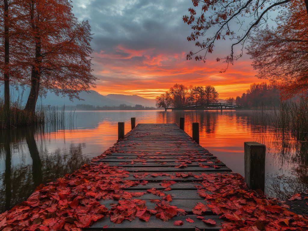 Autumn Pier at a Quiet River Sunset - XVGA wallpapers in 1024x768 resolution