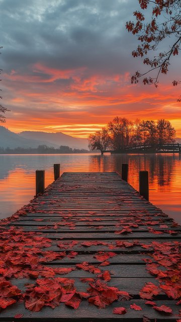 Autumn Pier at a Quiet River Sunset - Wallpapers for Nokia, Samsung in 360x640 resolution