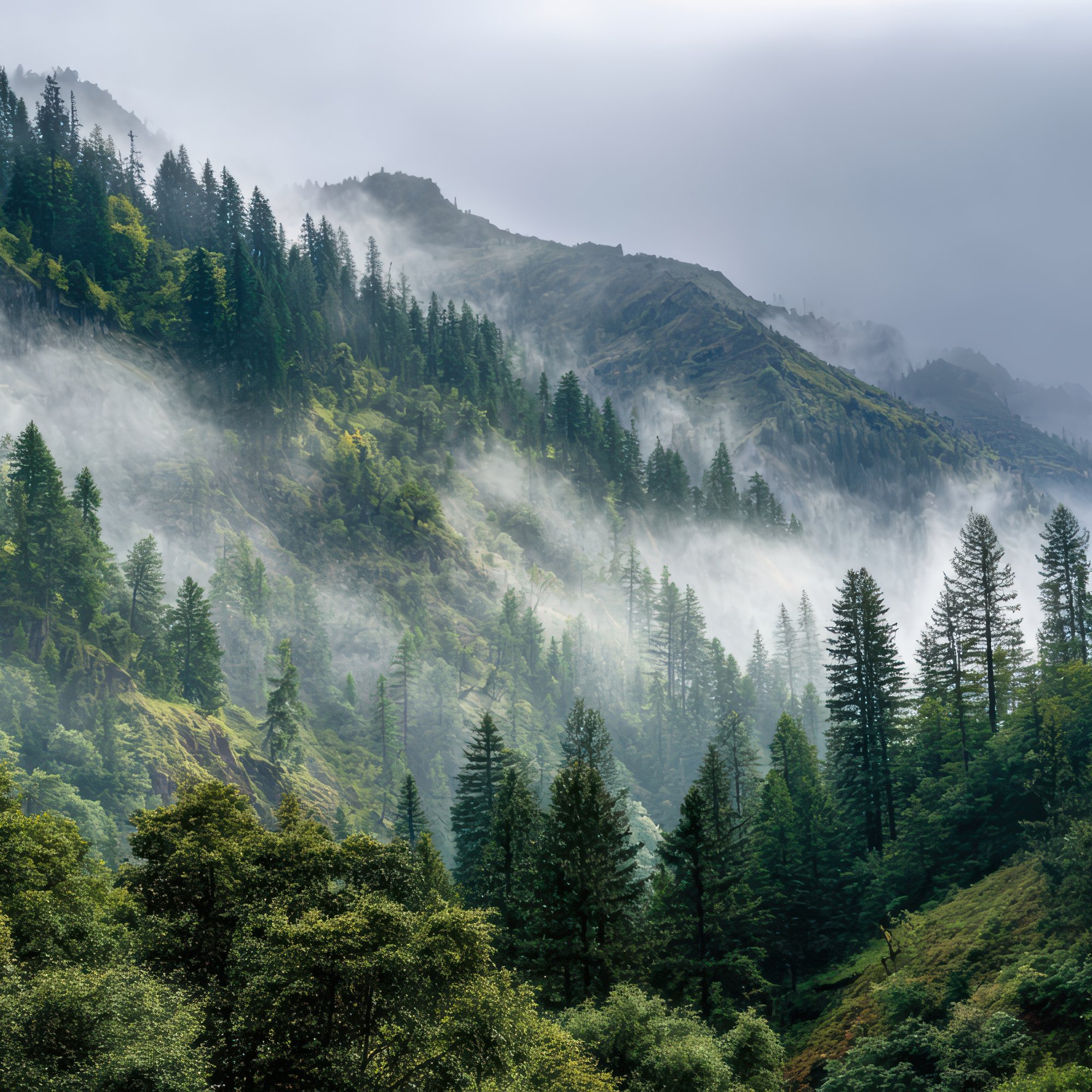 Foggy Pine Forest in the Mountains - Wallpapers for Samsung/Xiaomi in 2000x2000 resolution