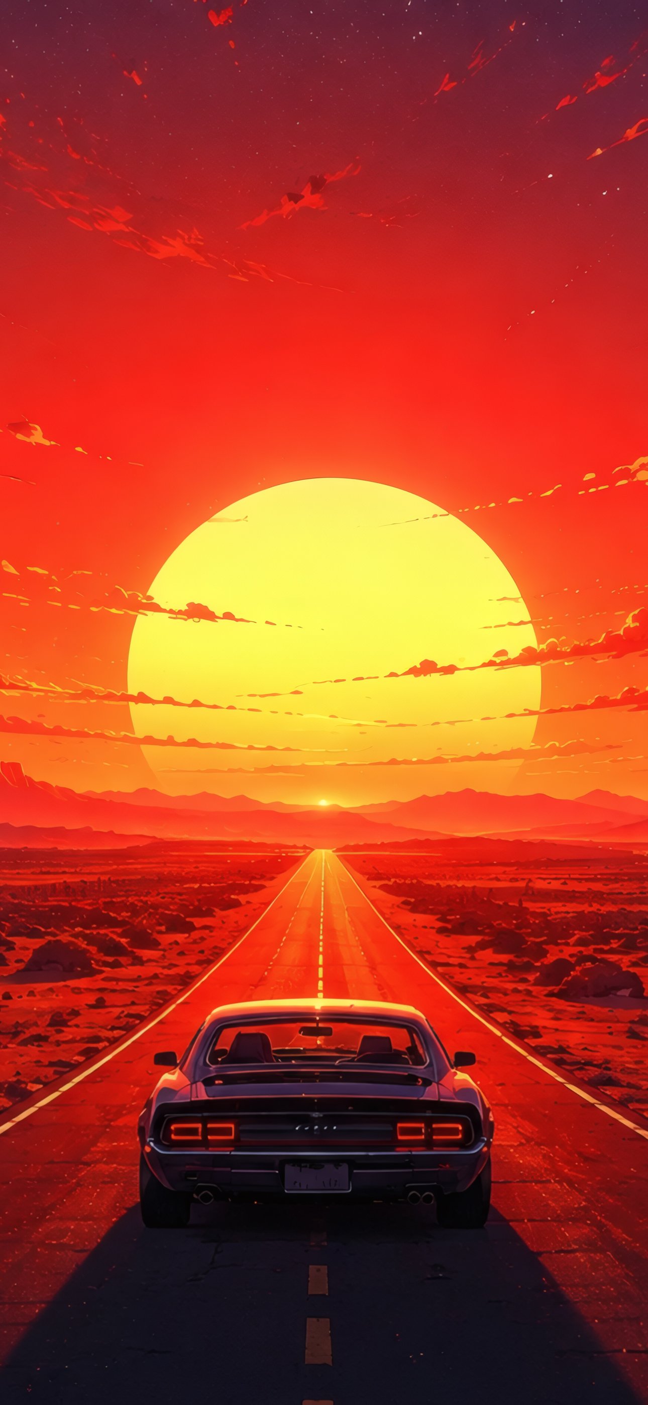 Car Driving Toward a Colorful Sunset - Wallpapers for iPhone 15 Pro Max/14 Pro Max in 1290x2796 resolution