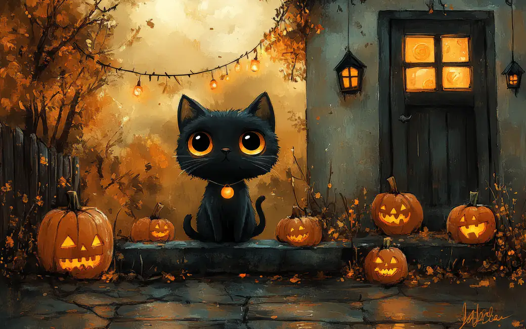 Cute black kitten on Halloween — desktop and phone wallpaper, free download