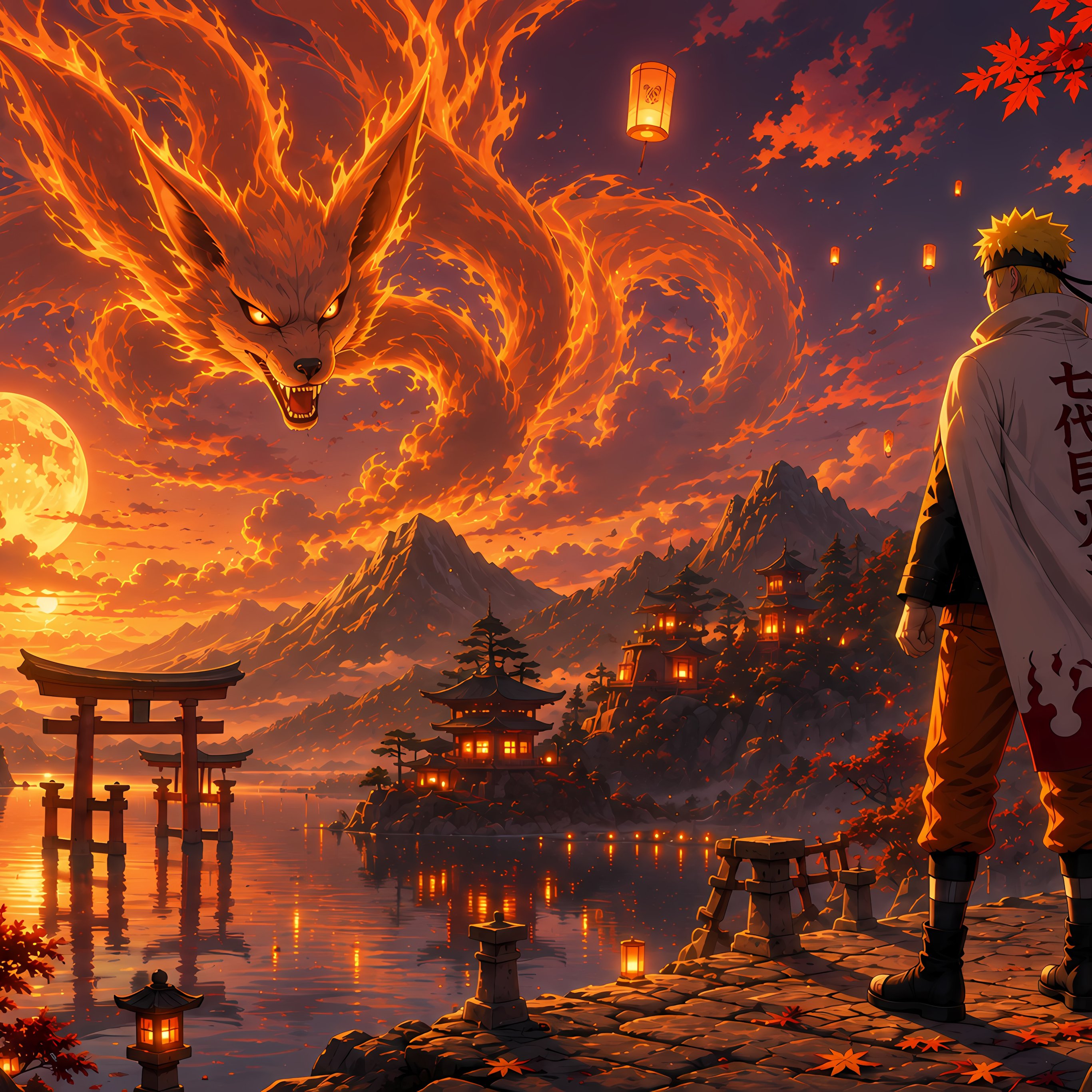 Naruto and Kurama by the river at sunset - Wallpapers for iPad Pro 12.9″ in 2732x2732 resolution