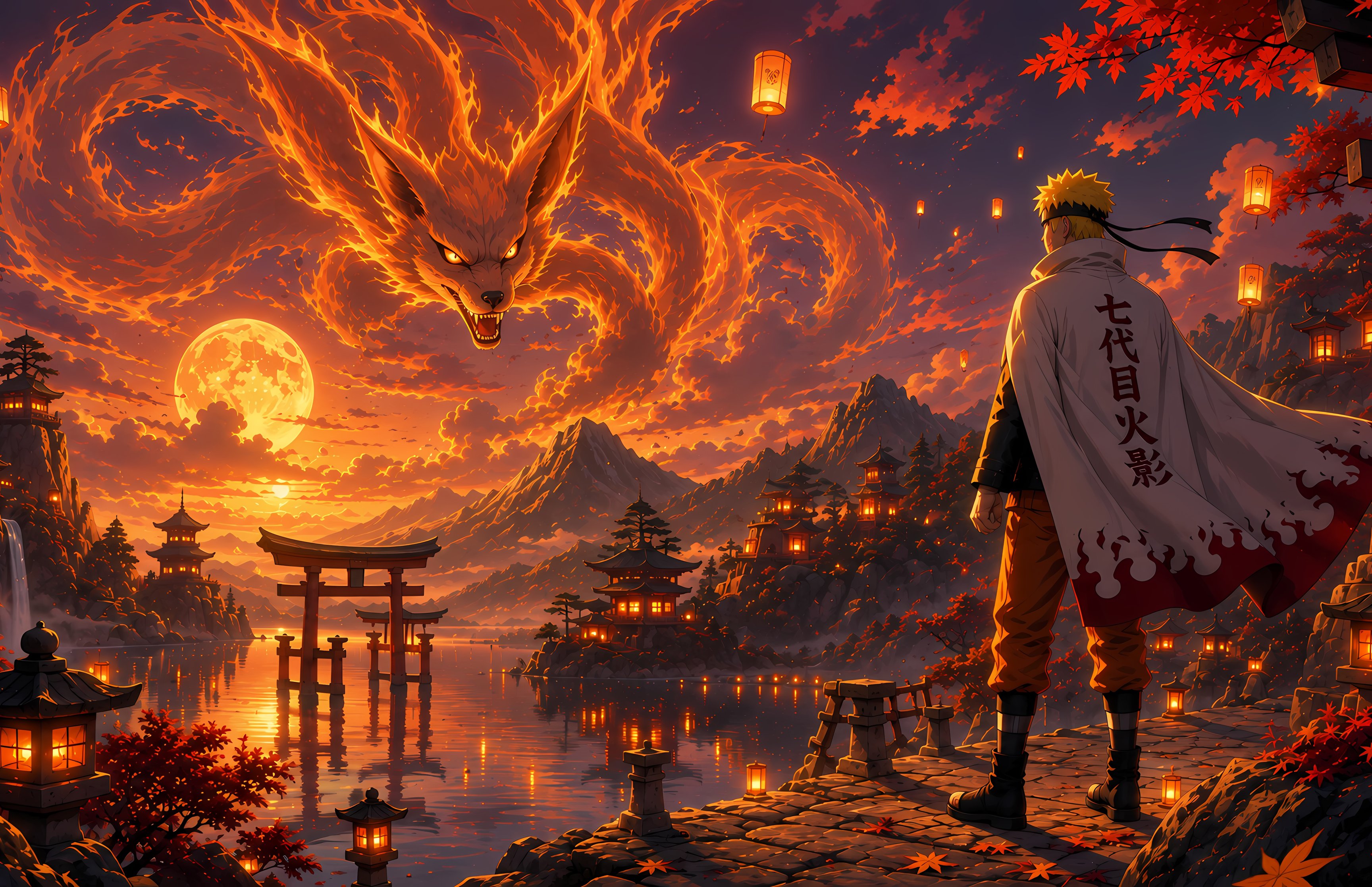 Naruto and Kurama by the river at sunset - Wallpapers for Apple MacBook 16.2″ in 3456x2234 resolution