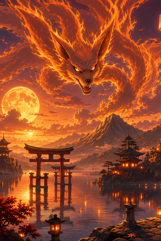 Naruto and Kurama by the river at sunset - Wallpapers for iPhone 4/4S in 640x960 resolution