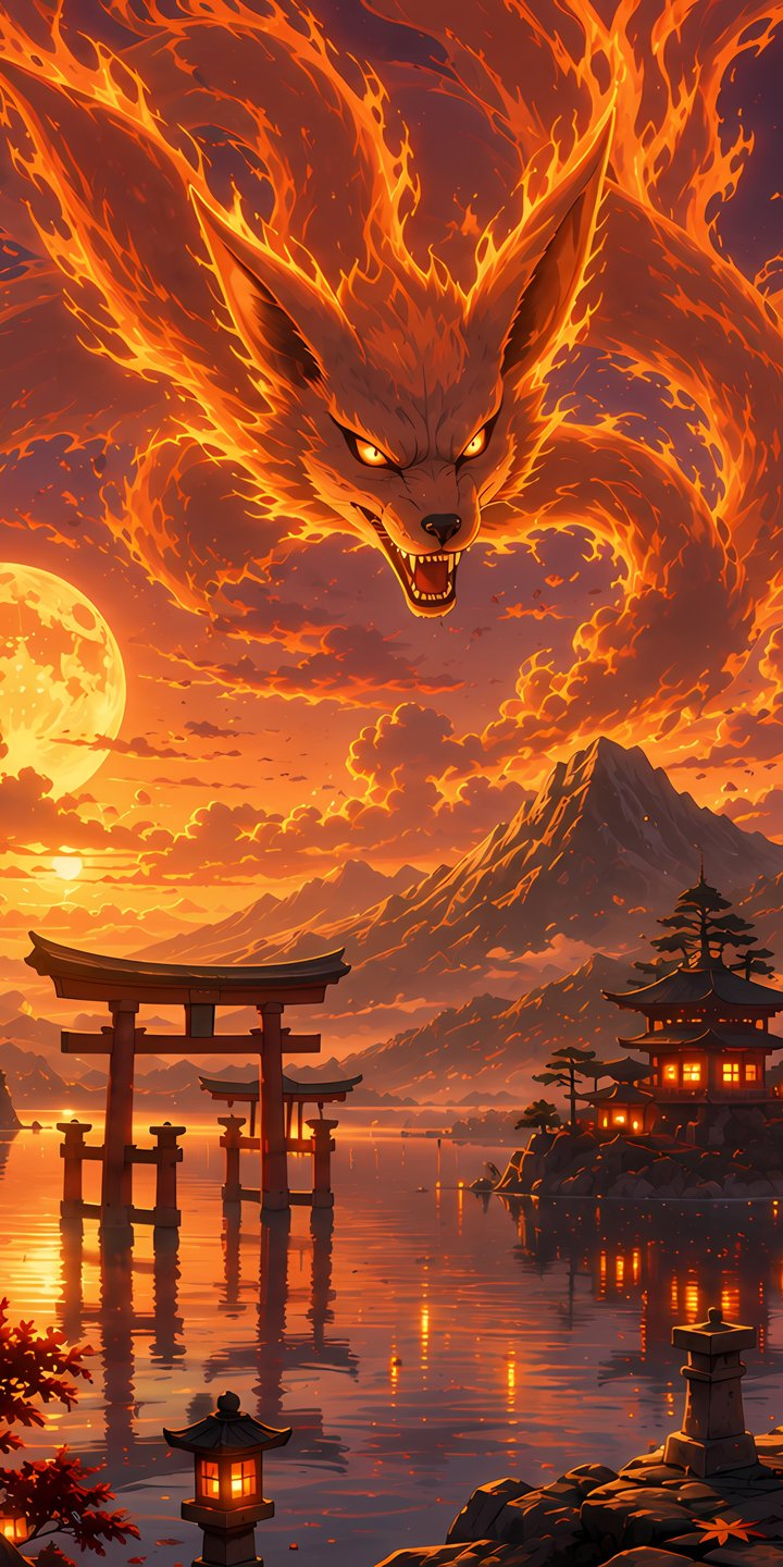 Naruto and Kurama by the river at sunset - Wallpapers for Samsung Galaxy A03s, Xiaomi Redmi 7A, POCO C3 in 720x1440 resolution
