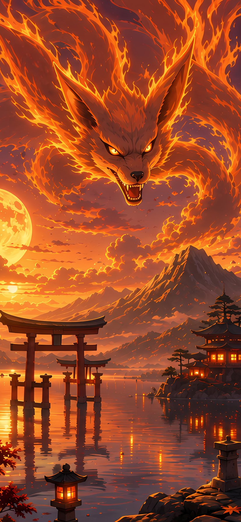 Naruto and Kurama by the river at sunset - Wallpapers for iPhone 11/XR in 828x1792 resolution
