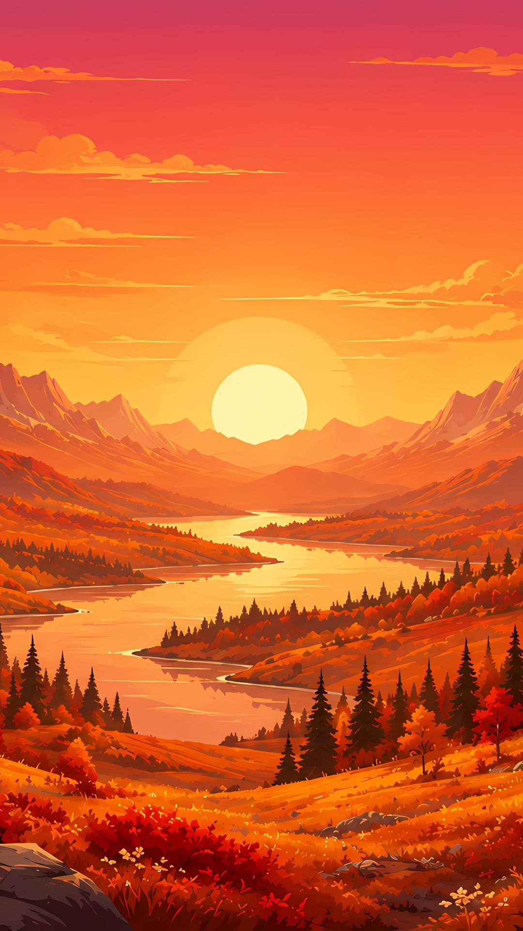 Red autumn sunset over a mountain valley - Wallpapers for Samsung, Honor, Sony in 1080x1920 resolution