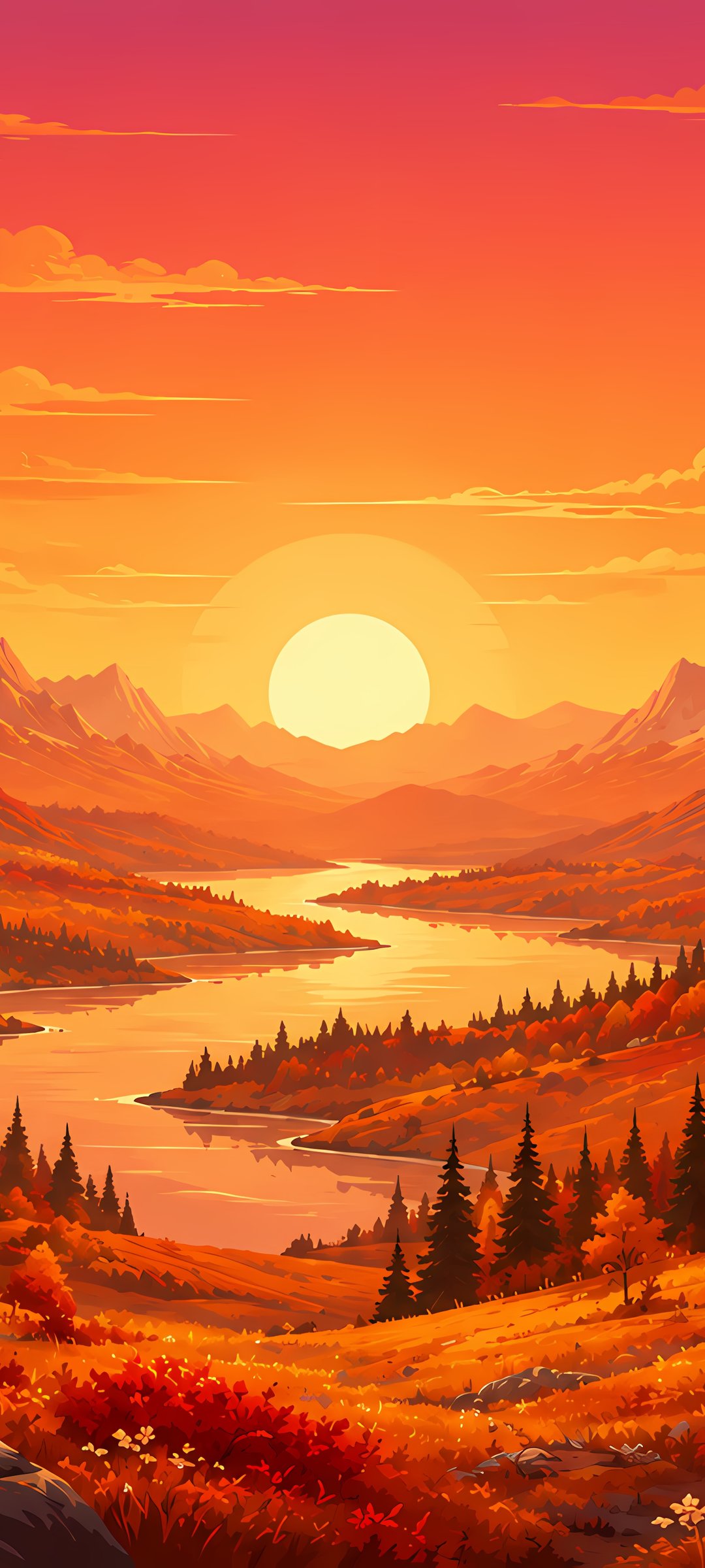 Red autumn sunset over a mountain valley - Wallpapers for Samsung Galaxy M55, POCO M4/X4/X5, Xiaomi Redmi 12/13/Note 13/Note 14/Note 14S in 1080x2400 resolution