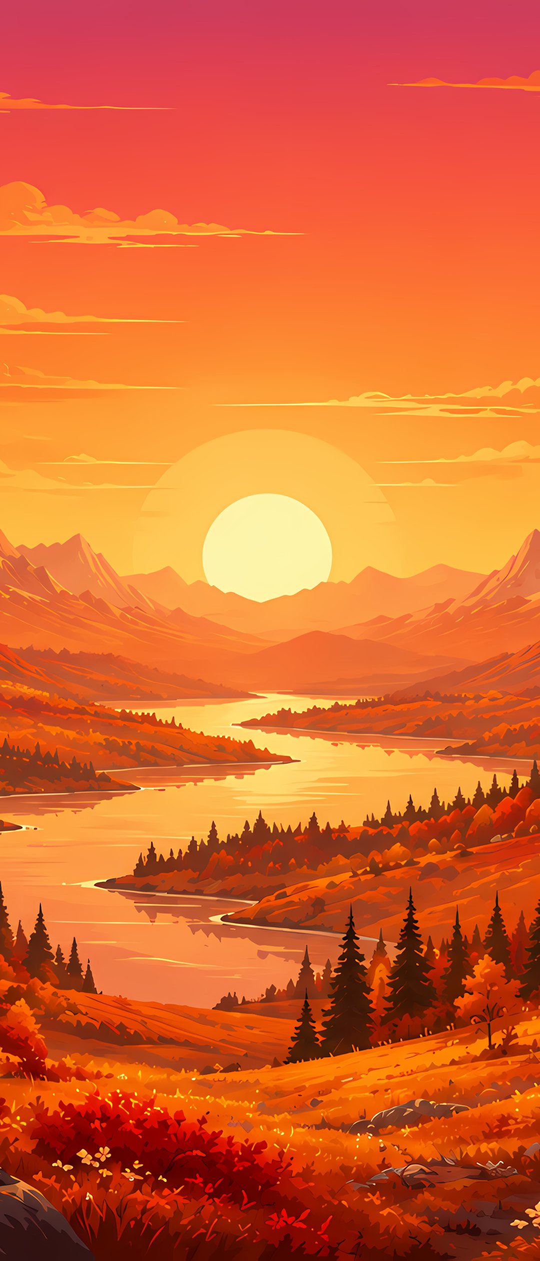Red autumn sunset over a mountain valley - Wallpapers for Samsung Galaxy Z Flip7, Sony Xperia 5 II/5 III/5 V/10 IV/10 V, Xiaomi Mix Fold 3 in 1080x2520 resolution