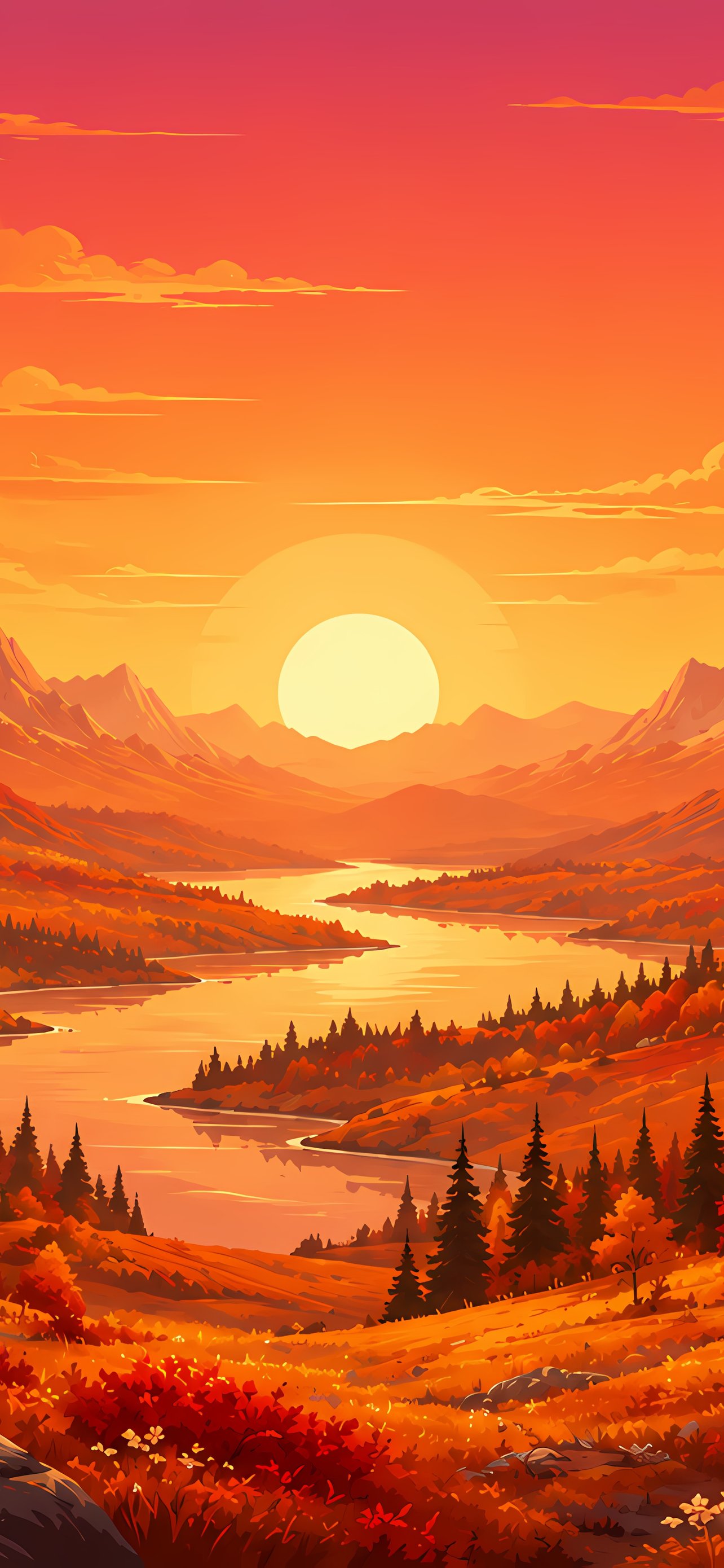 Red autumn sunset over a mountain valley - Wallpapers for iPhone 13 Pro Max/12 Pro Max/14 Plus in 1284x2778 resolution