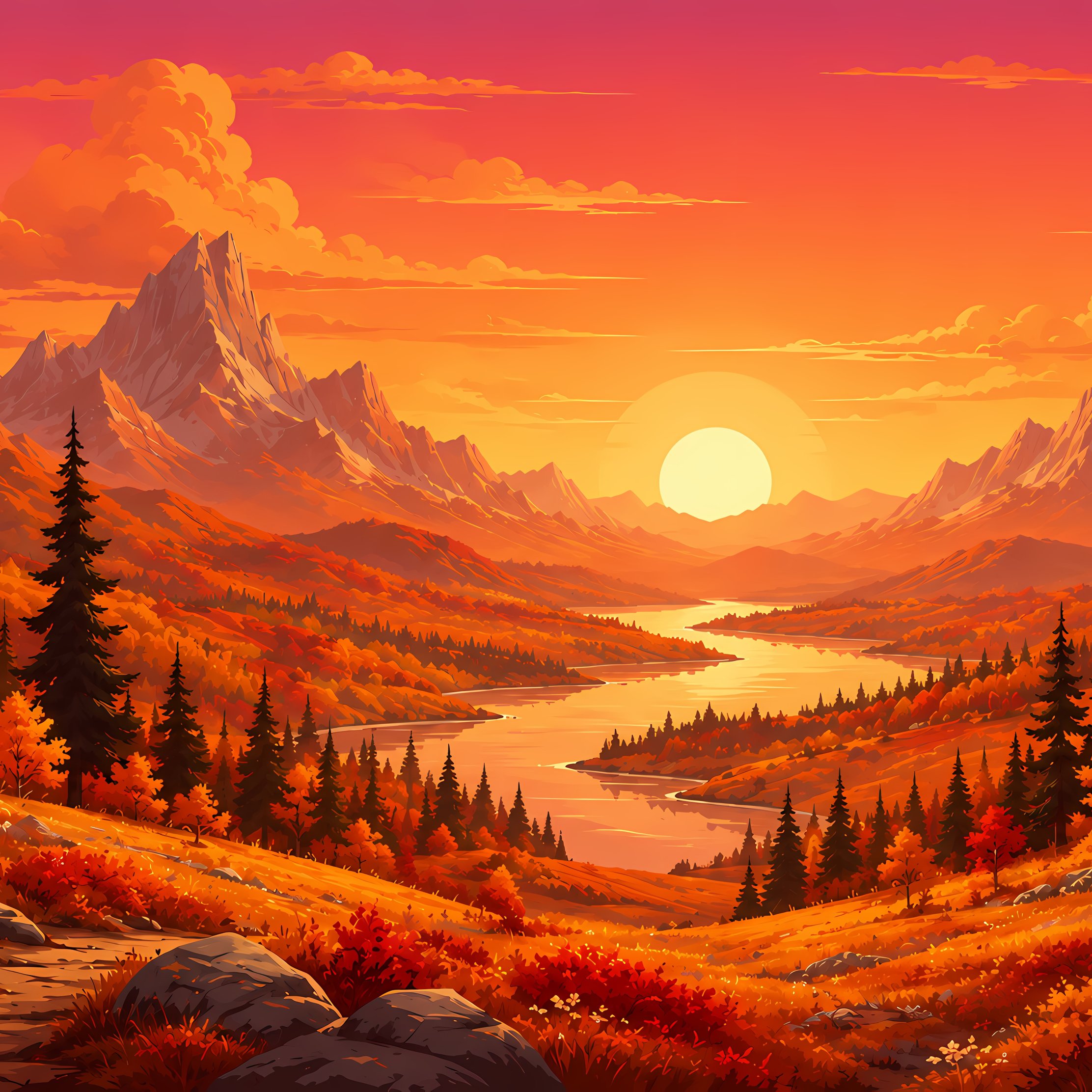 Red autumn sunset over a mountain valley - Wallpapers for iPad Pro 10.5″ in 2224x2224 resolution