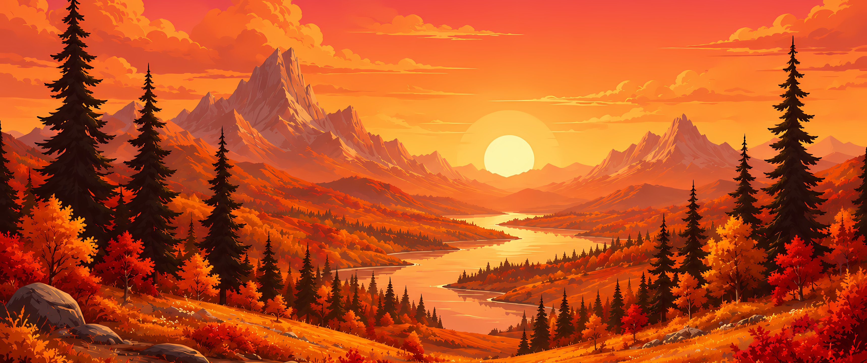 Red autumn sunset over a mountain valley - UltraWide 21:9 wallpapers in 3440x1440 resolution