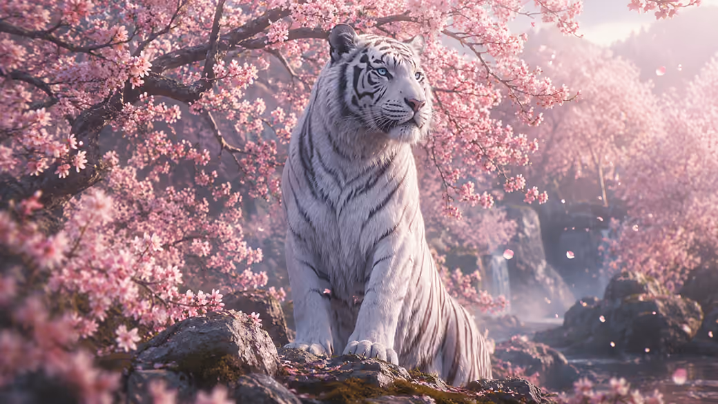 White tiger under a pink sakura tree — desktop and phone wallpaper, free download