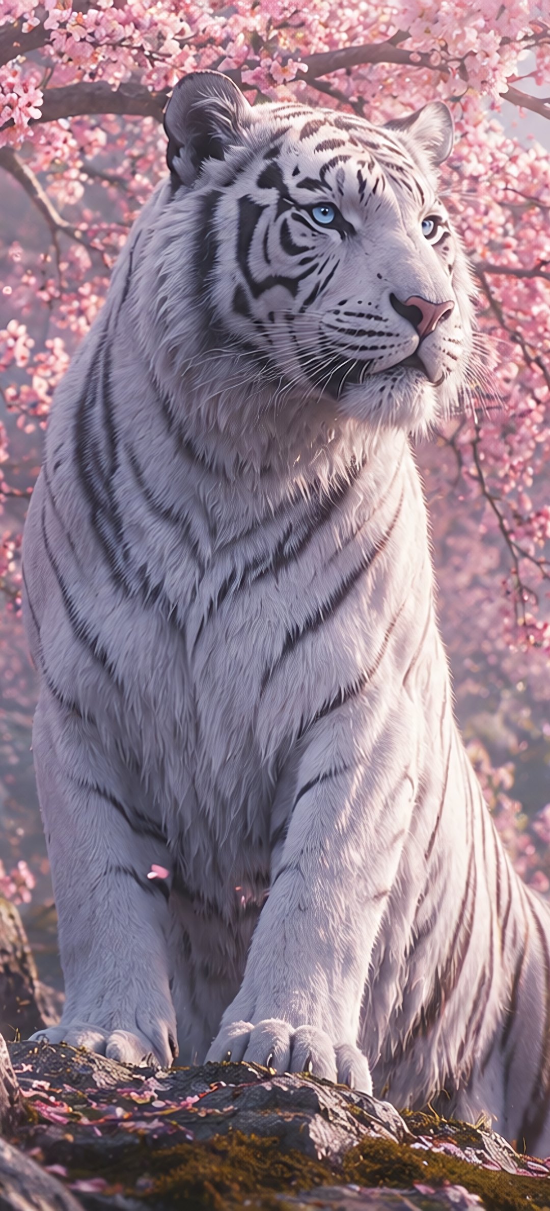 White tiger under a pink sakura tree - Wallpapers for Honor/Huawei in 1080x2376 resolution