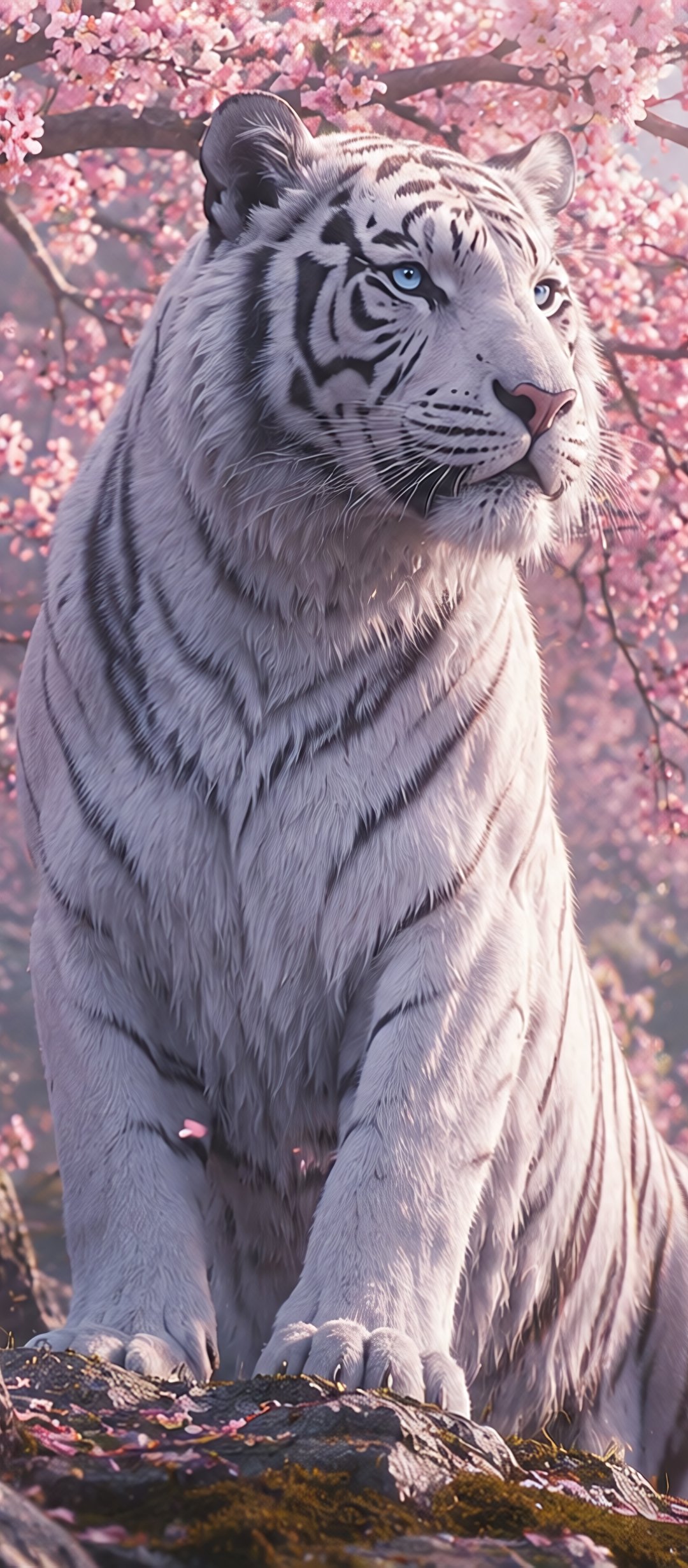 White tiger under a pink sakura tree - Wallpapers for TECNO/Infinix in 1080x2460 resolution
