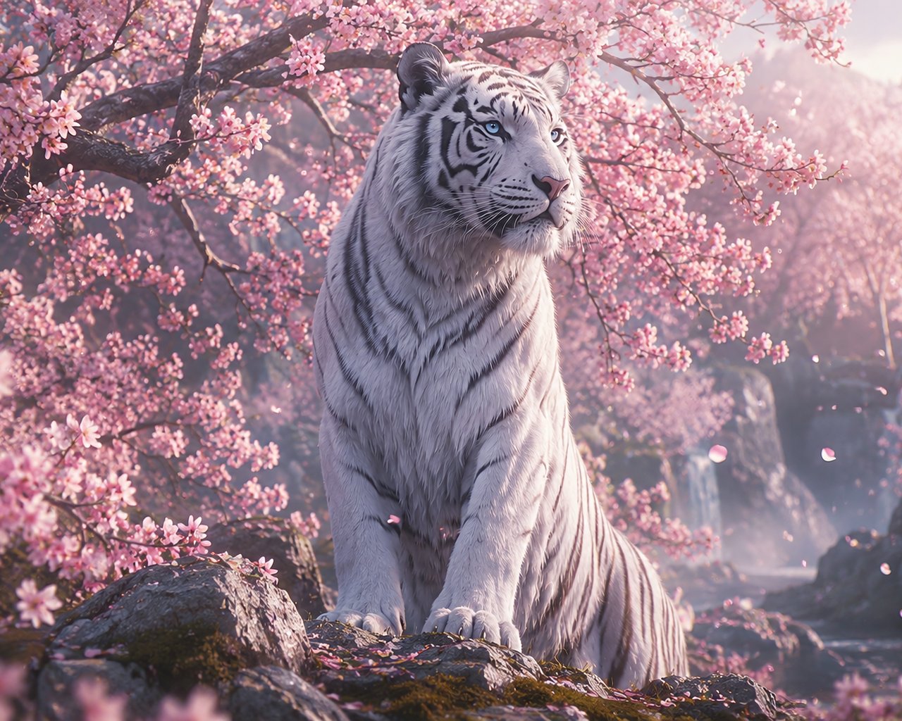 White tiger under a pink sakura tree - SXGA wallpapers in 1280x1024 resolution