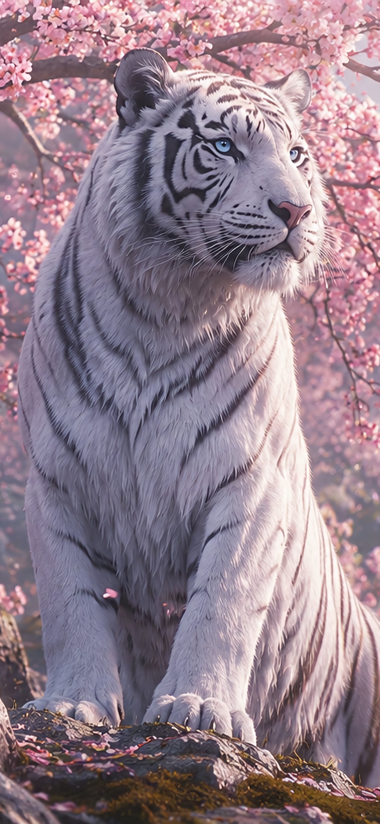 White tiger under a pink sakura tree - Wallpapers for iPhone 15 Pro Max/14 Pro Max in 1290x2796 resolution