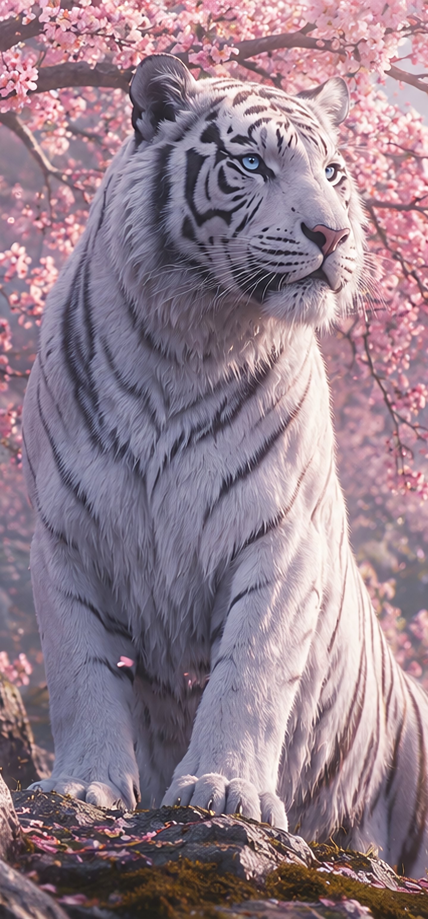 White tiger under a pink sakura tree - Wallpapers for Samsung Galaxy S22 Ultra/S23 Ultra in 1440x3088 resolution