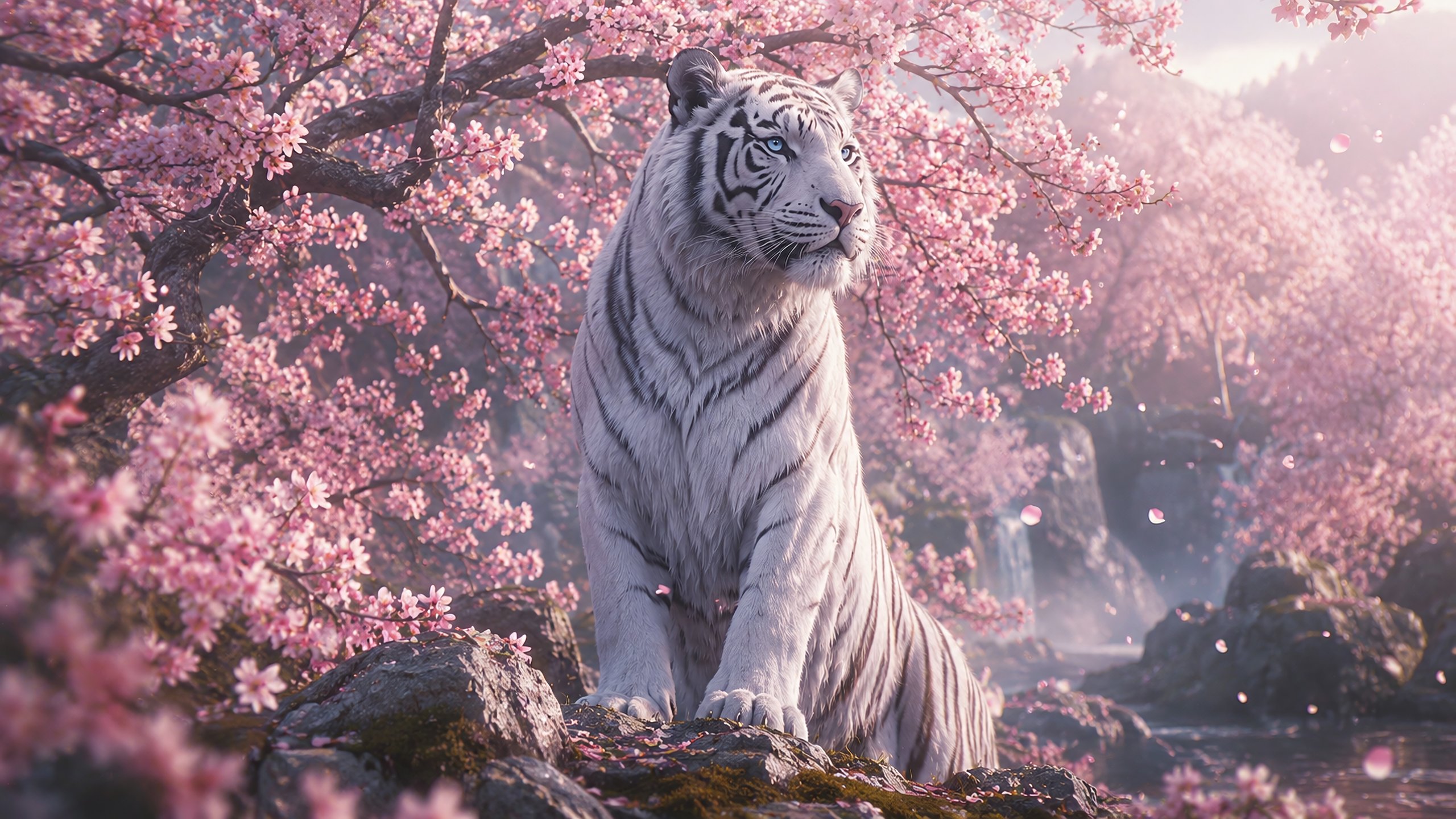 White tiger under a pink sakura tree - 2K Quad HD wallpapers in 2560x1440 resolution