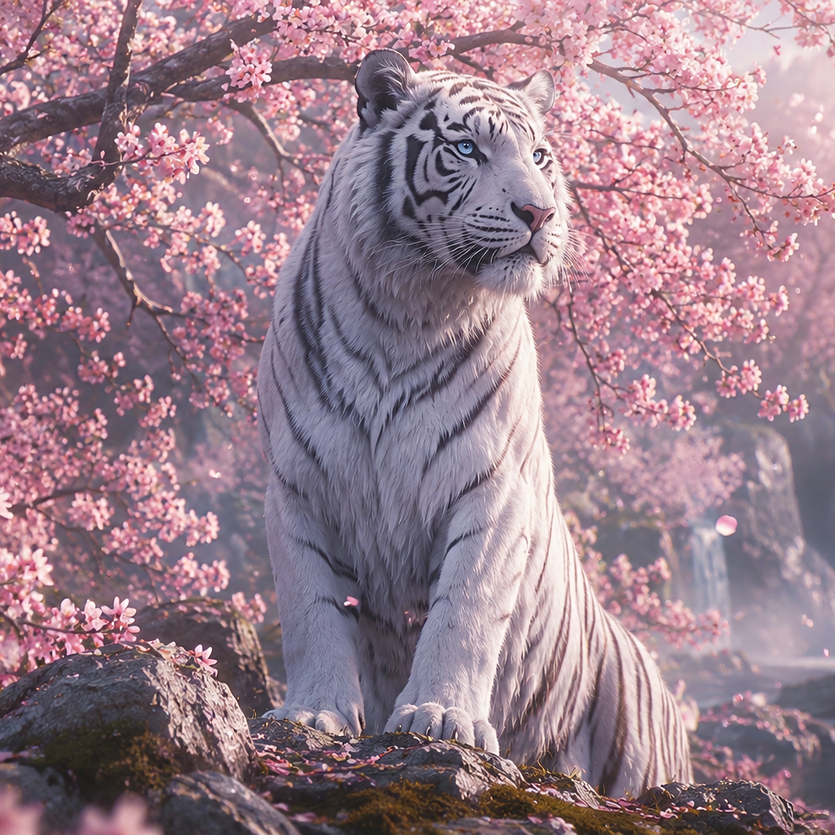 White tiger under a pink sakura tree - Wallpapers for iPad Pro 13″ in 2752x2752 resolution