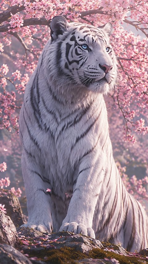 White tiger under a pink sakura tree - Wallpapers for LG/ASUS in 480x854 resolution