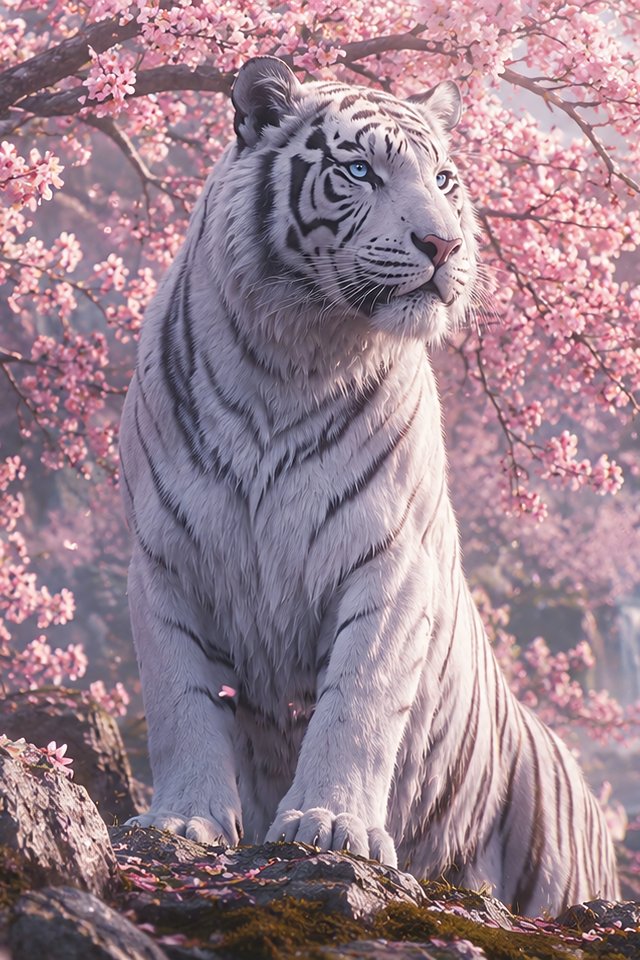 White tiger under a pink sakura tree - Wallpapers for iPhone 4/4S in 640x960 resolution