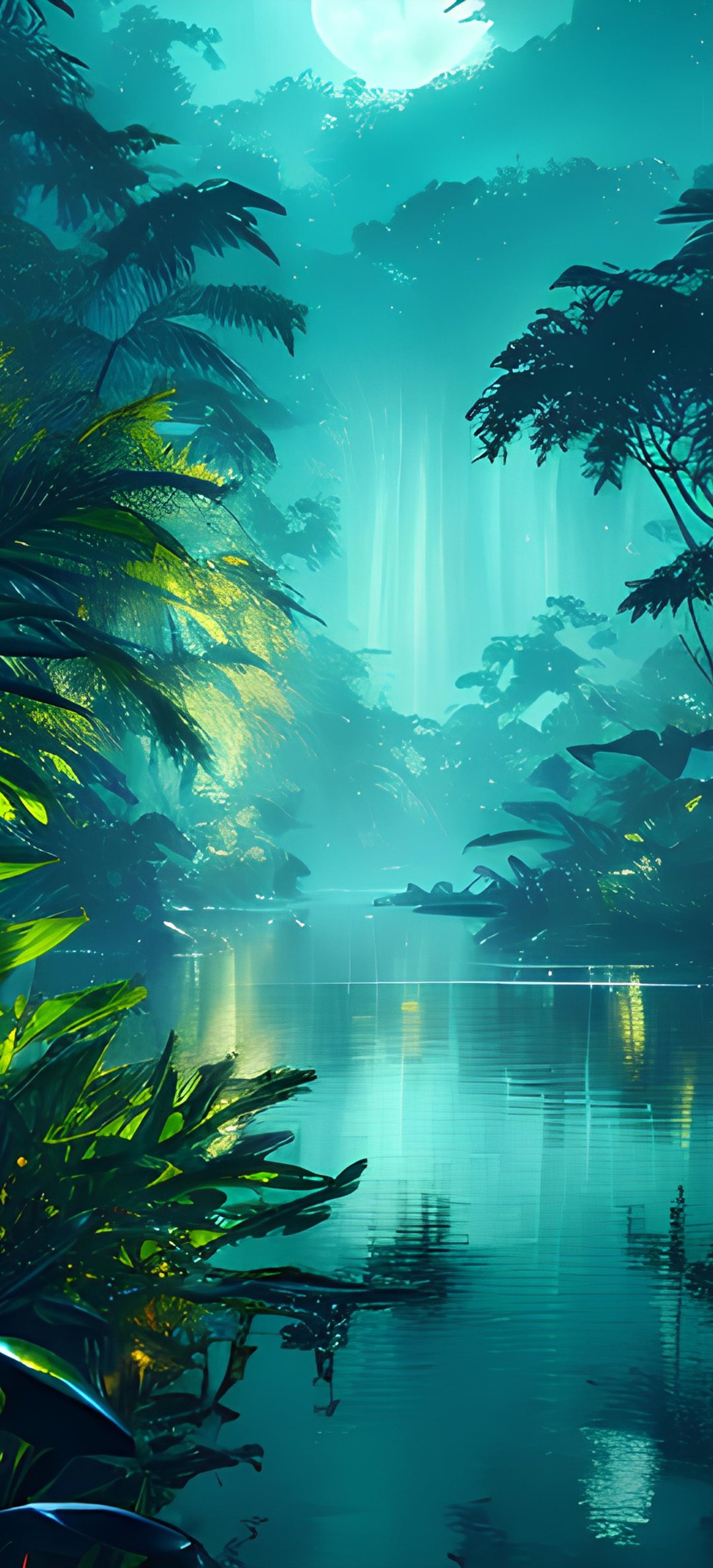 Moonlit River Through Tropical Jungle - Wallpapers for Honor/Huawei in 1080x2376 resolution
