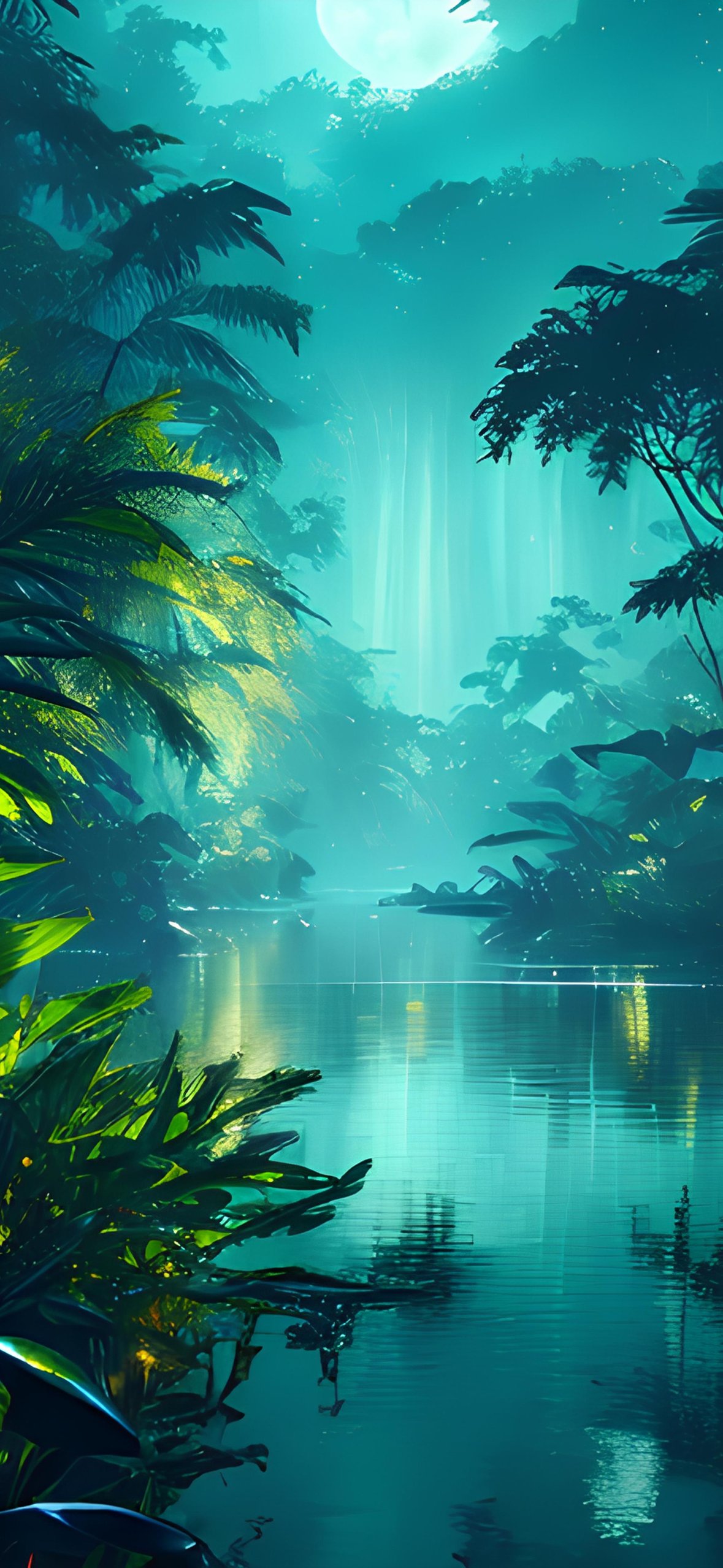 Moonlit River Through Tropical Jungle - Wallpapers for iPhone 14 Pro/15 Pro in 1179x2556 resolution