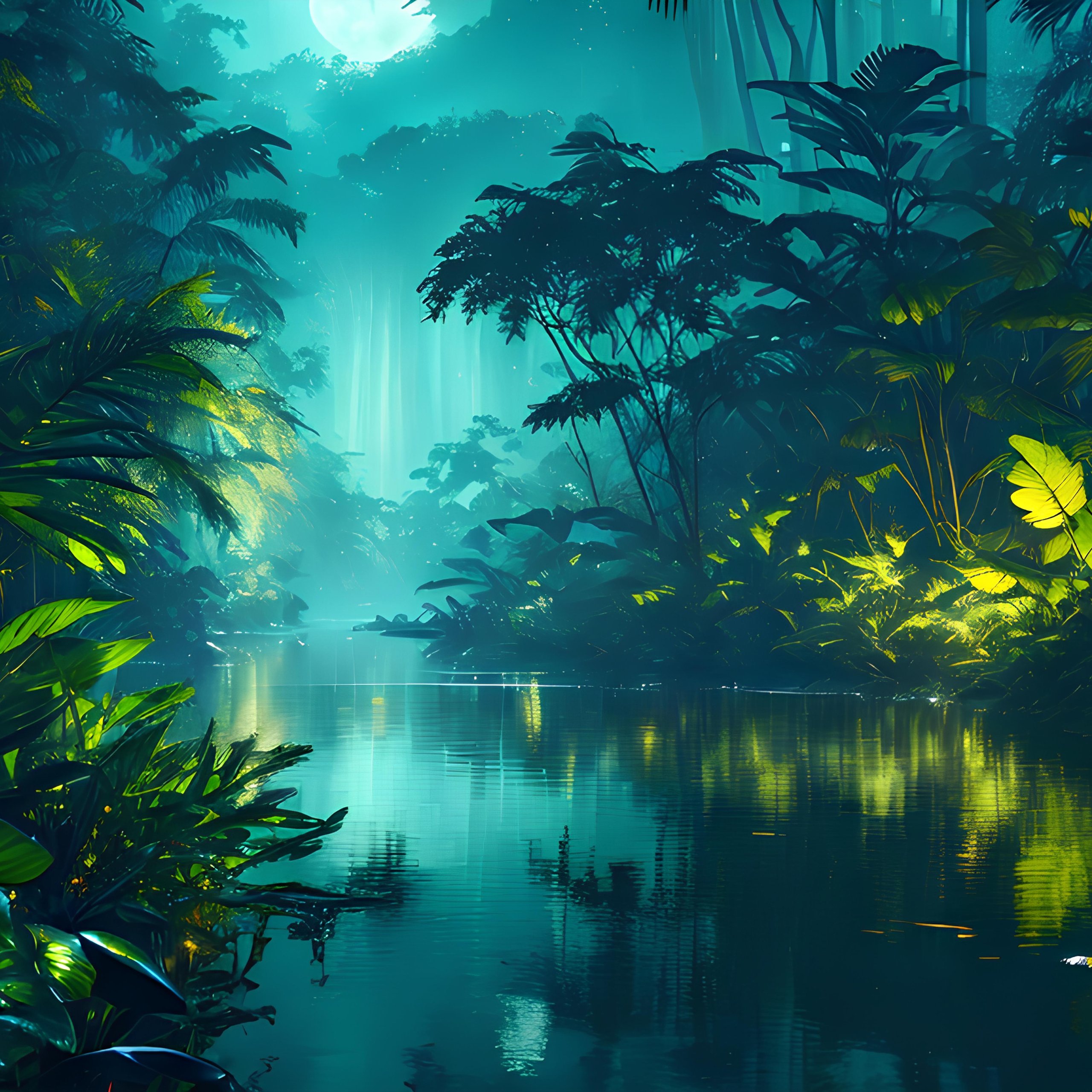 Moonlit River Through Tropical Jungle - Wallpapers for Samsung Galaxy Tab S9 FE+/Tab S11, Xiaomi Pad 5, Redmi Pad 2 Pro, POCO Pad in 2560x2560 resolution