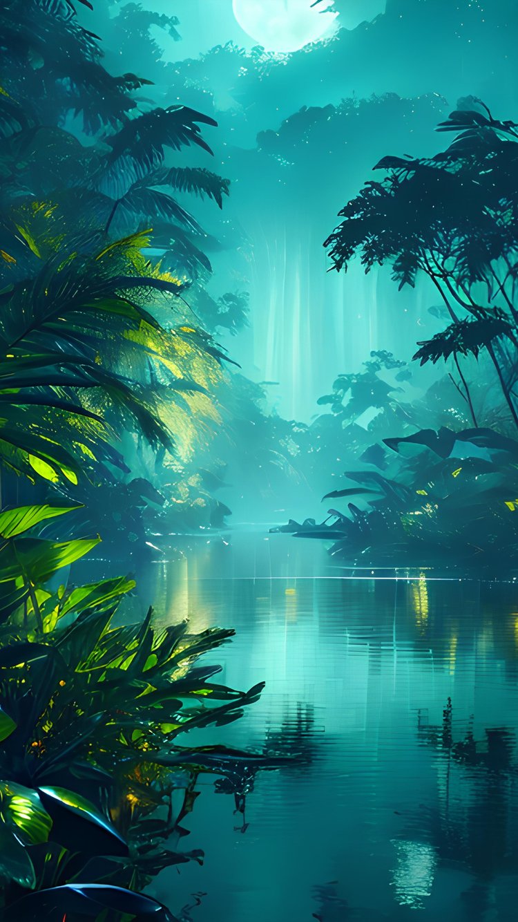 Moonlit River Through Tropical Jungle - Wallpapers for iPhone 6/6S/7/8/SE2/SE3 in 750x1334 resolution