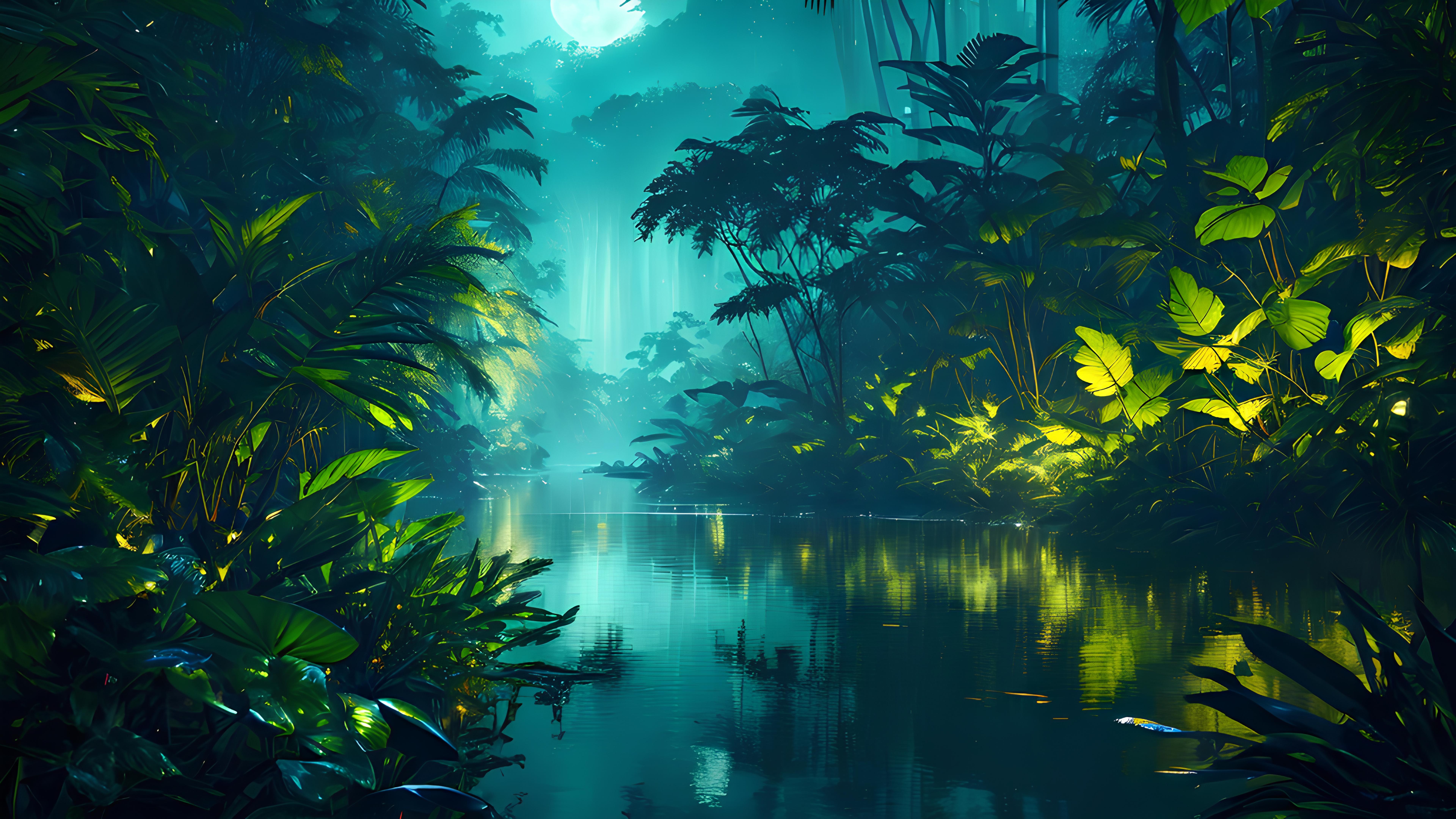 Moonlit River Through Tropical Jungle - 8K wallpapers in 7680x4320 resolution