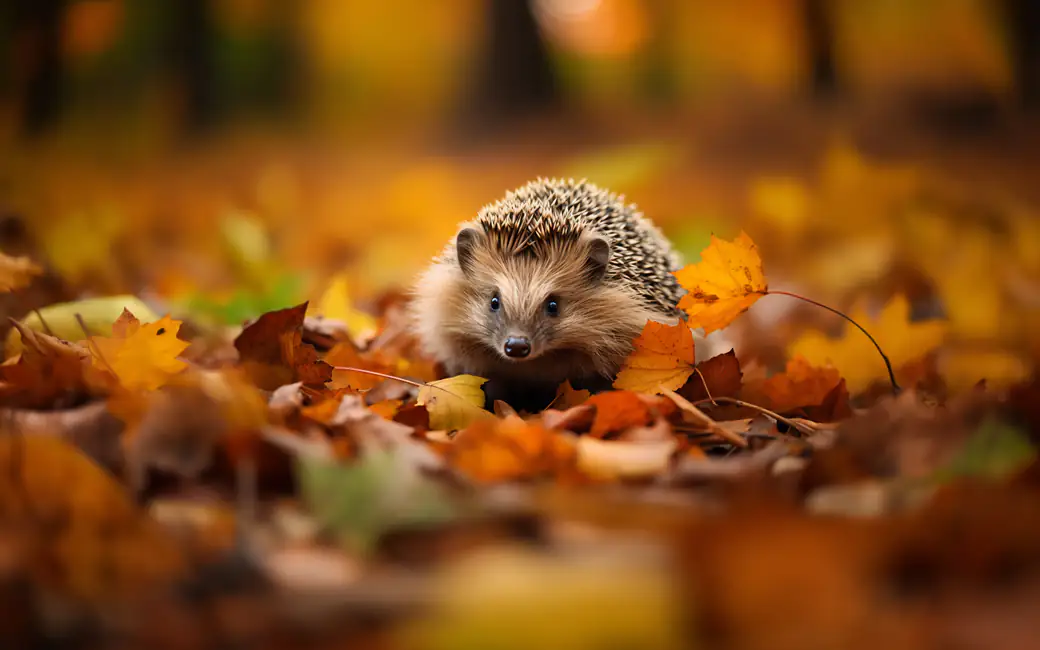 Hedgehog Among Autumn Forest Leaves — desktop and phone wallpaper, free download
