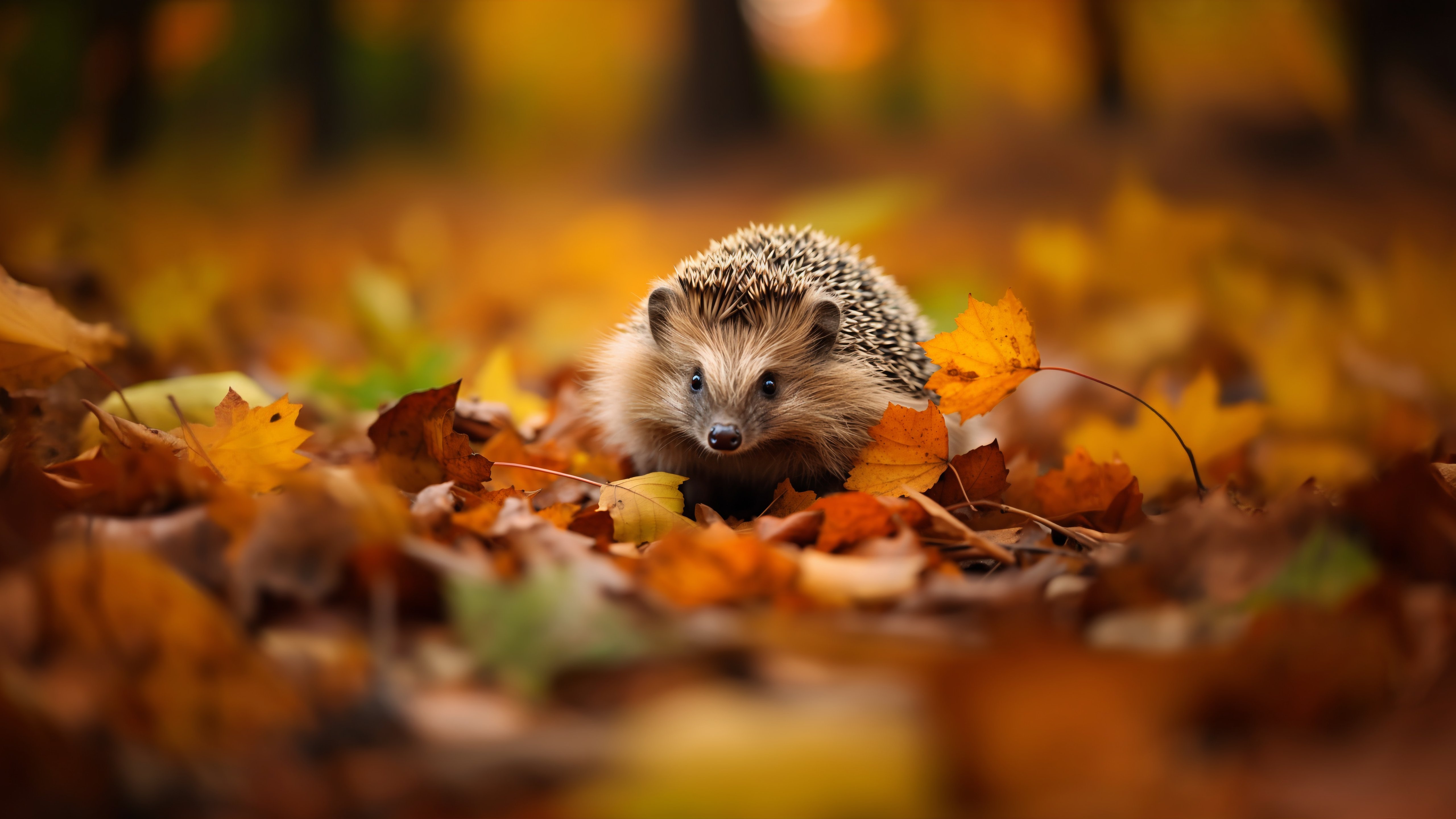 Hedgehog Among Autumn Forest Leaves - 5K wallpapers in 5120x2880 resolution