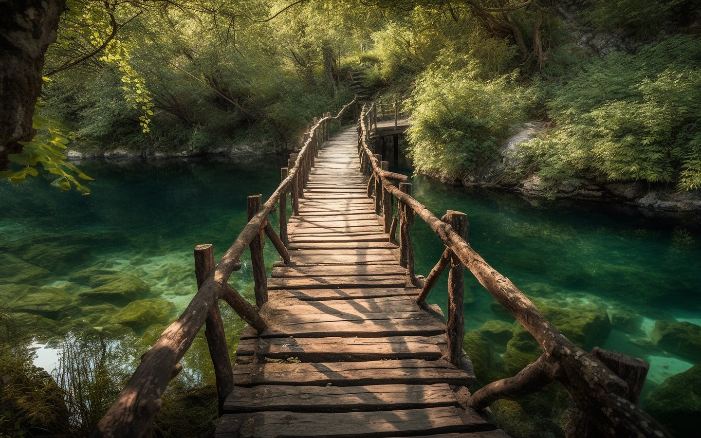 Wooden Bridge Over a Forest River - WSXGA wallpapers in 1440x900 resolution