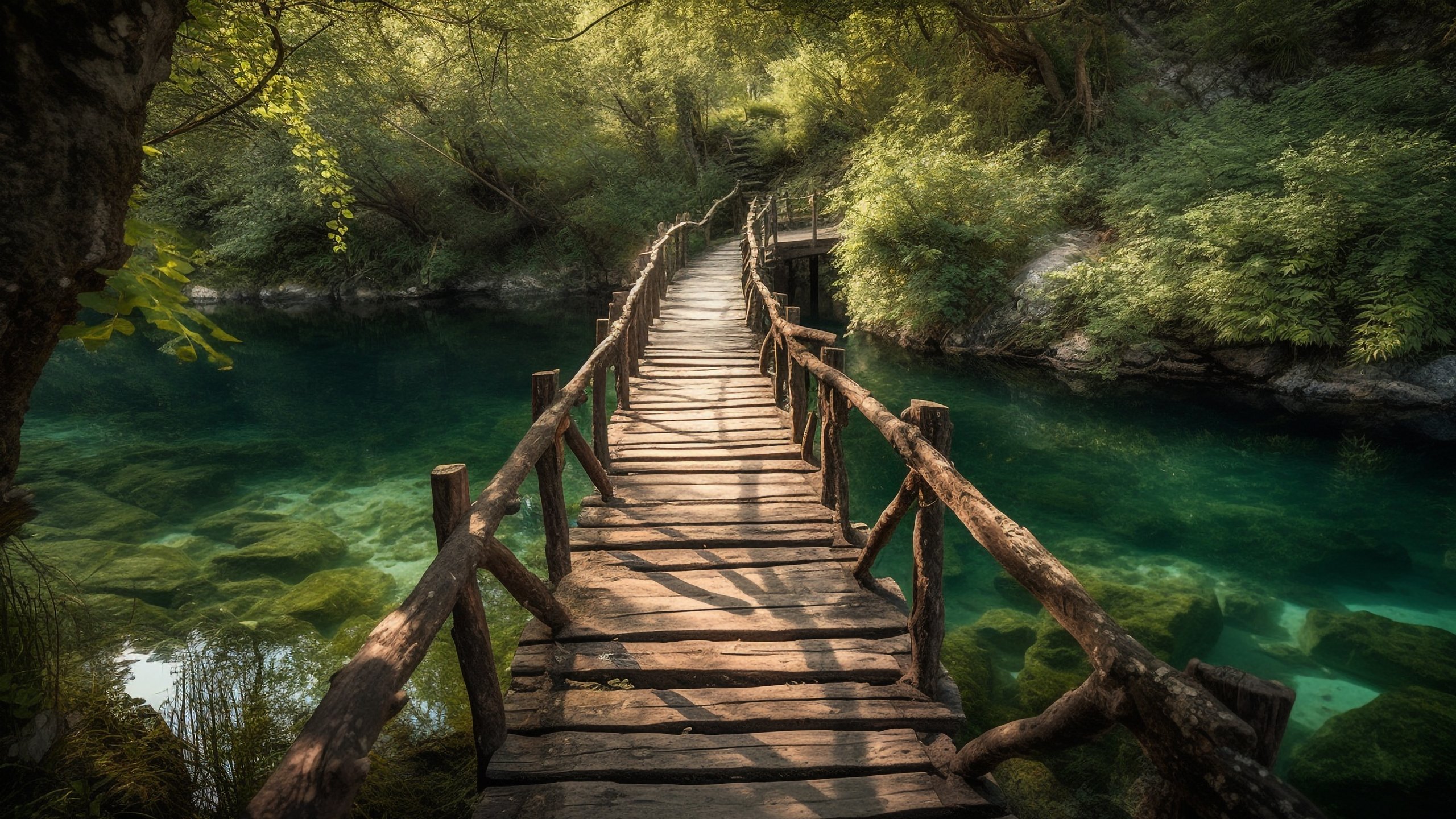 Wooden Bridge Over a Forest River - 2K Quad HD wallpapers in 2560x1440 resolution