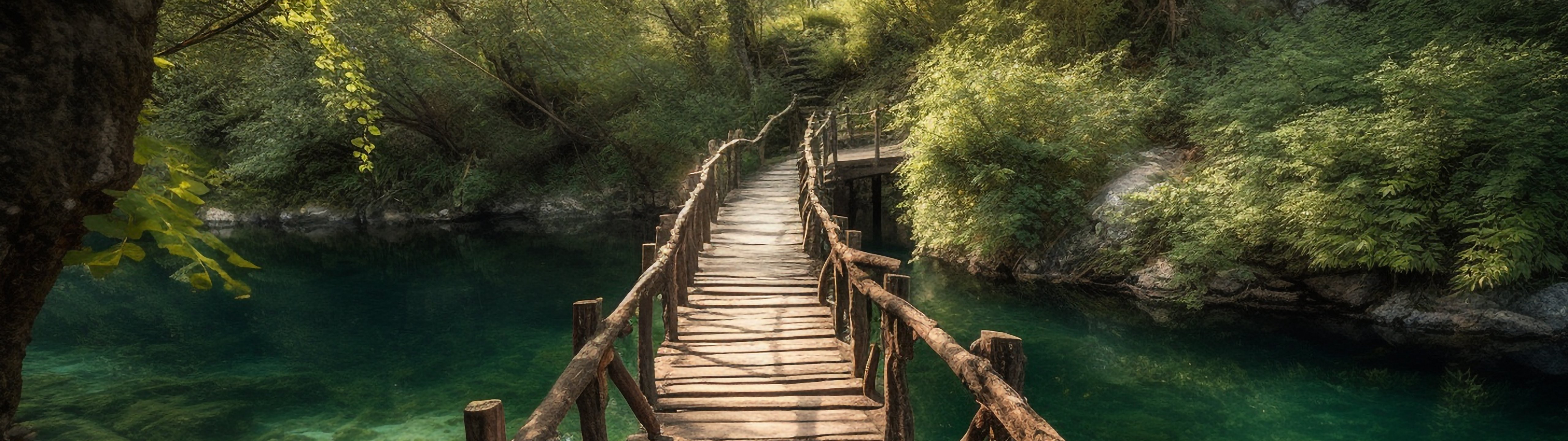 Wooden Bridge Over a Forest River - UltraWide 32:9 wallpapers in 5120x1440 resolution