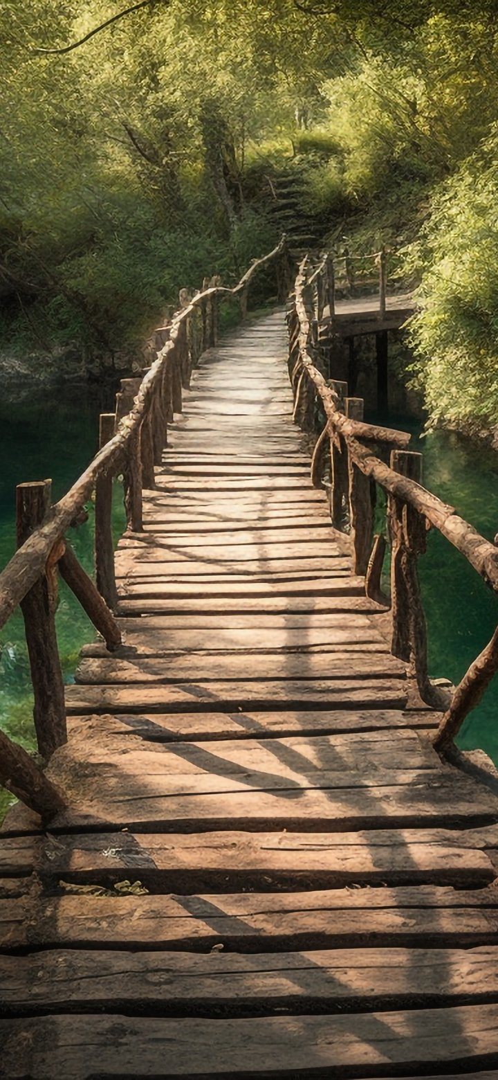 Wooden Bridge Over a Forest River - Wallpapers for Samsung Galaxy A11/A20e/A20/M11, Xiaomi Redmi 9A/9C, POCO C40 in 720x1560 resolution