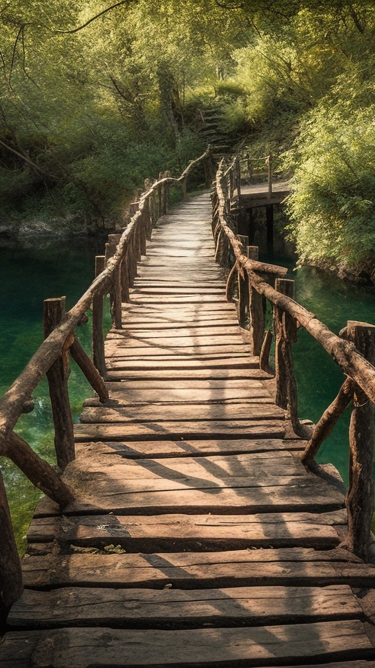 Wooden Bridge Over a Forest River - Wallpapers for iPhone 6/6S/7/8/SE2/SE3 in 750x1334 resolution