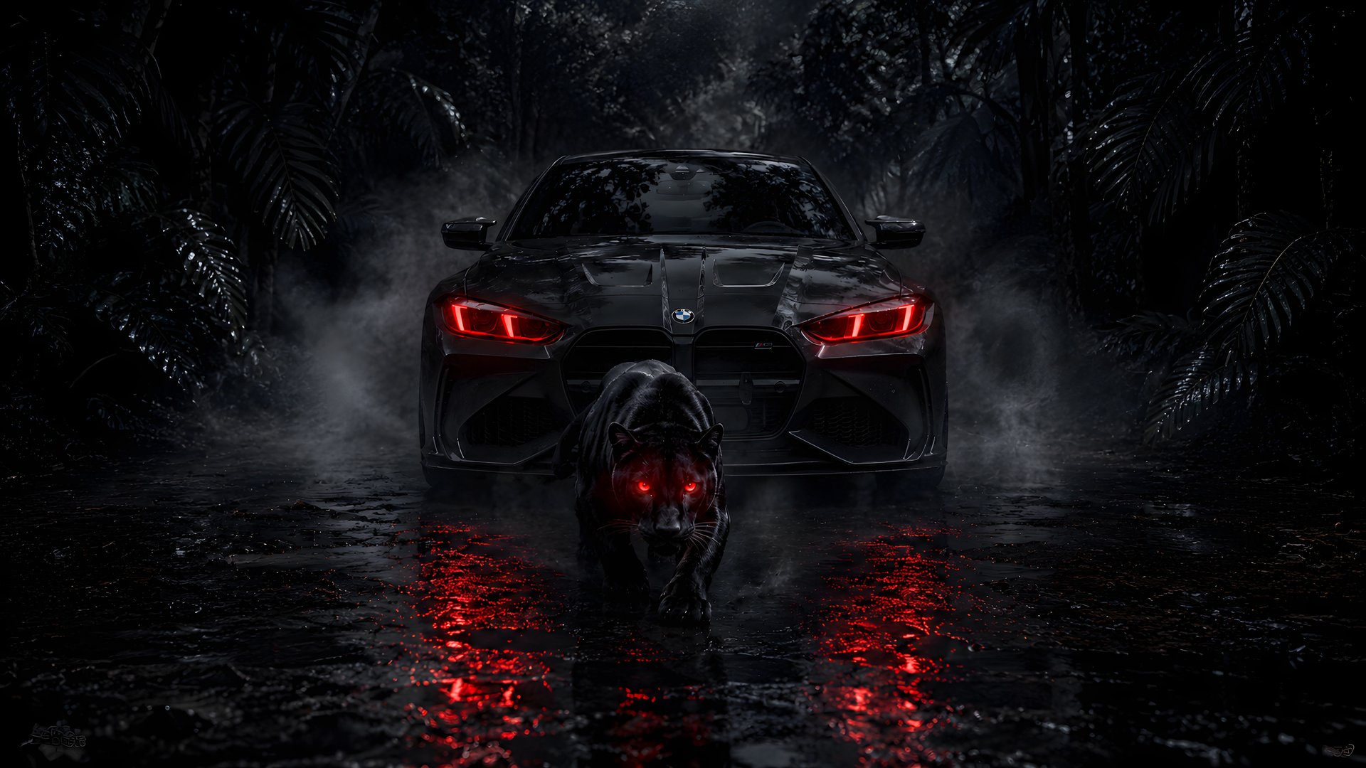 BMW M4 и черная пантера в джунглях - Full HD обои в разрешении 1920x1080