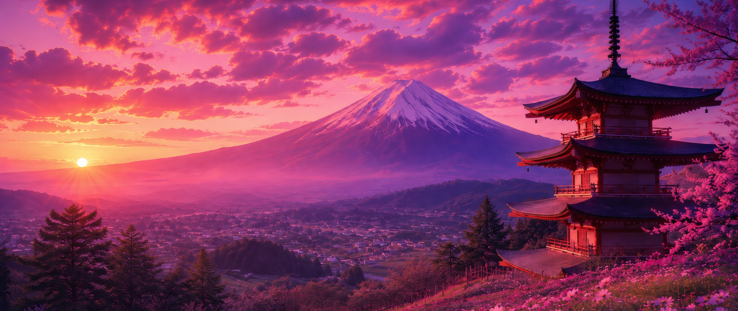 Fuji Mountain Pagoda at Sunset - UltraWide 21:9 wallpapers in 2560x1080 resolution