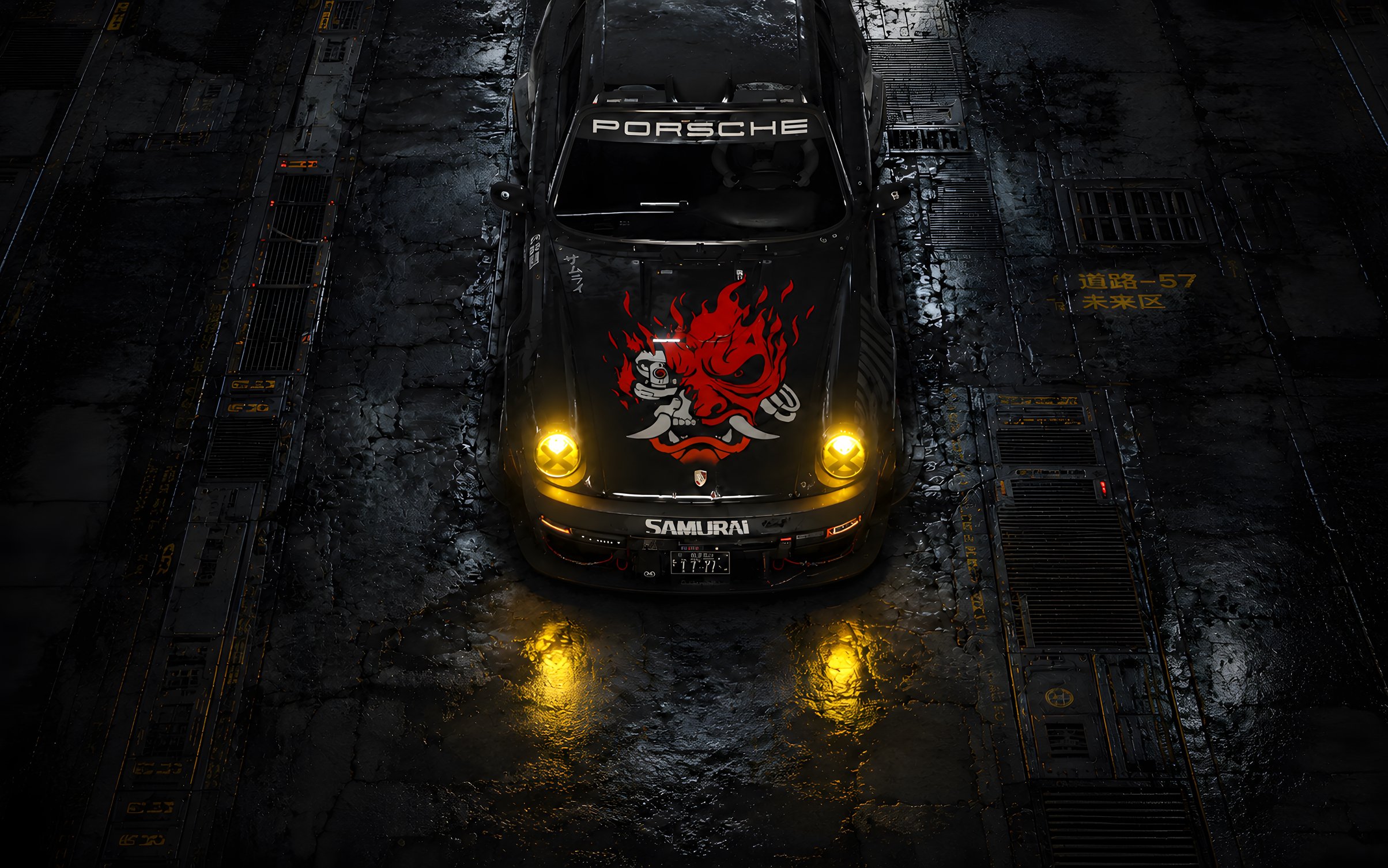 Porsche 911 Samurai Garage Scene - Wallpapers for MacBook Neo in 2408x1506 resolution