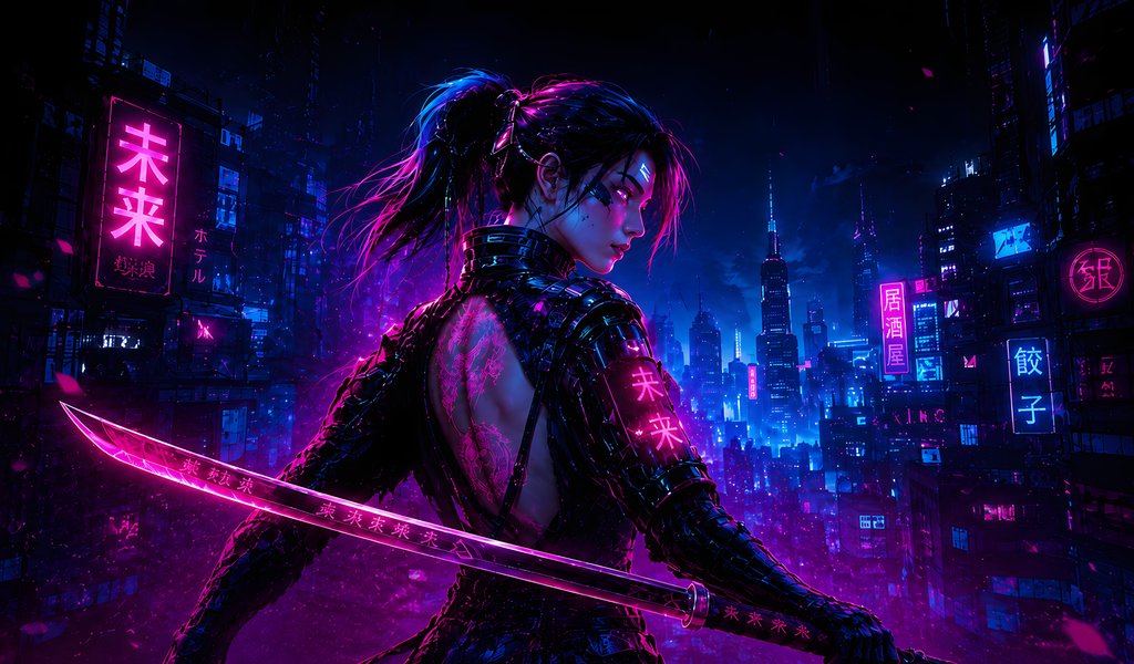 Cyberpunk Warrior with a Katana - WSVGA wallpapers in 1024x600 resolution